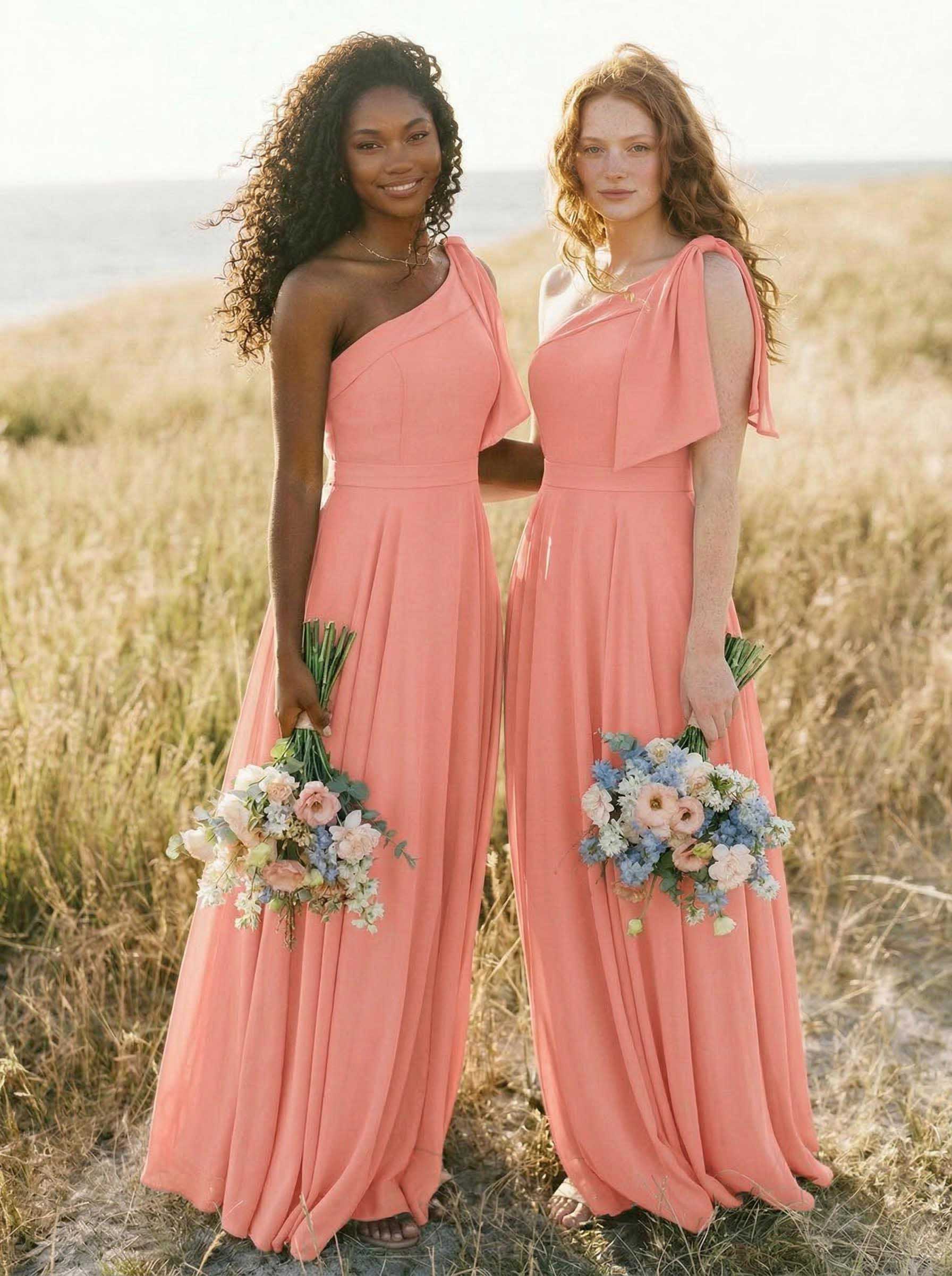 A-Line One-Shoulder Sleeveless Floor-Length Chiffon Bridesmaid Dresses With Bow(s)/Pockets, product image 50
