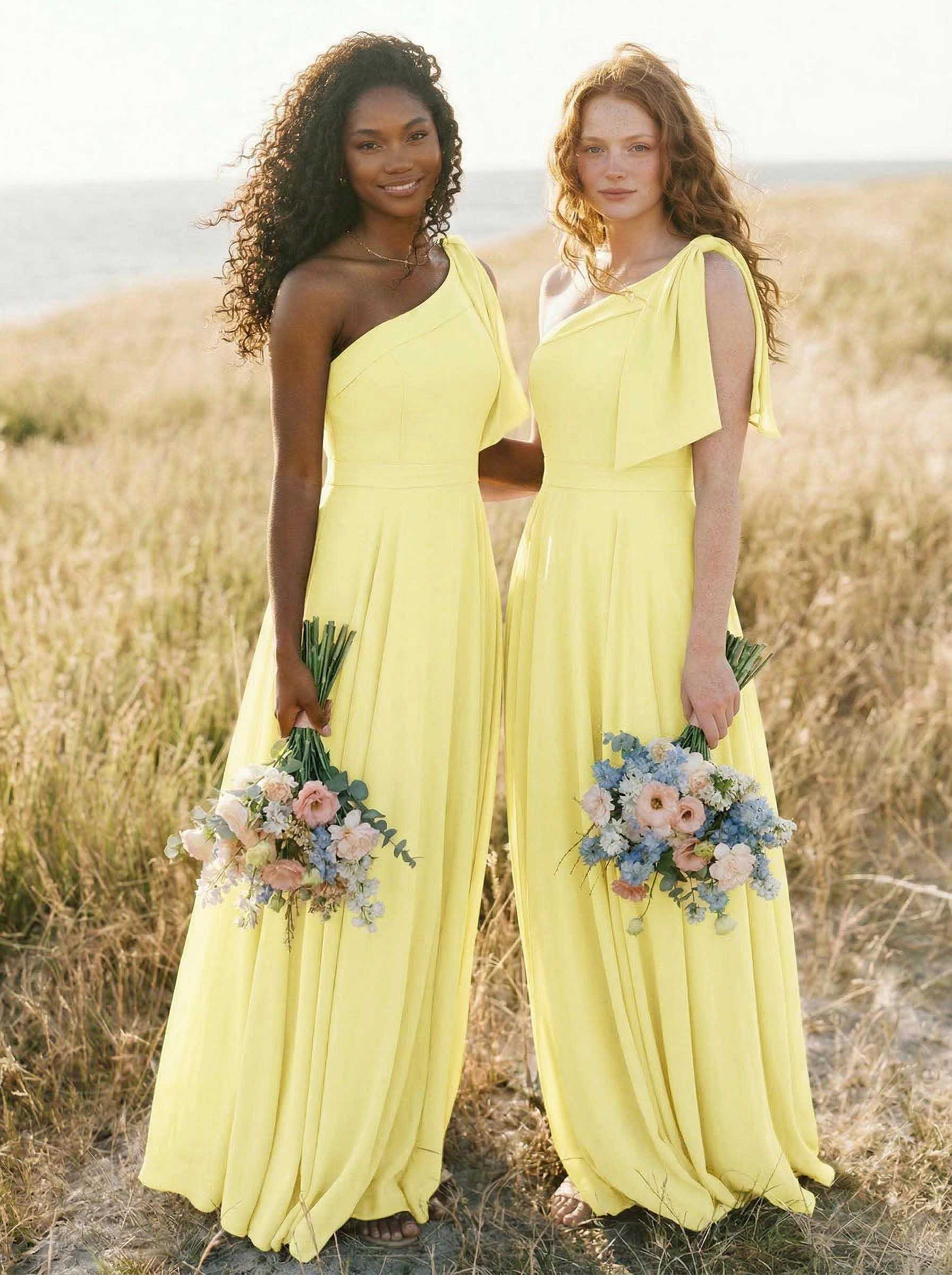 A-Line One-Shoulder Sleeveless Floor-Length Chiffon Bridesmaid Dresses With Bow(s)/Pockets, product image 102