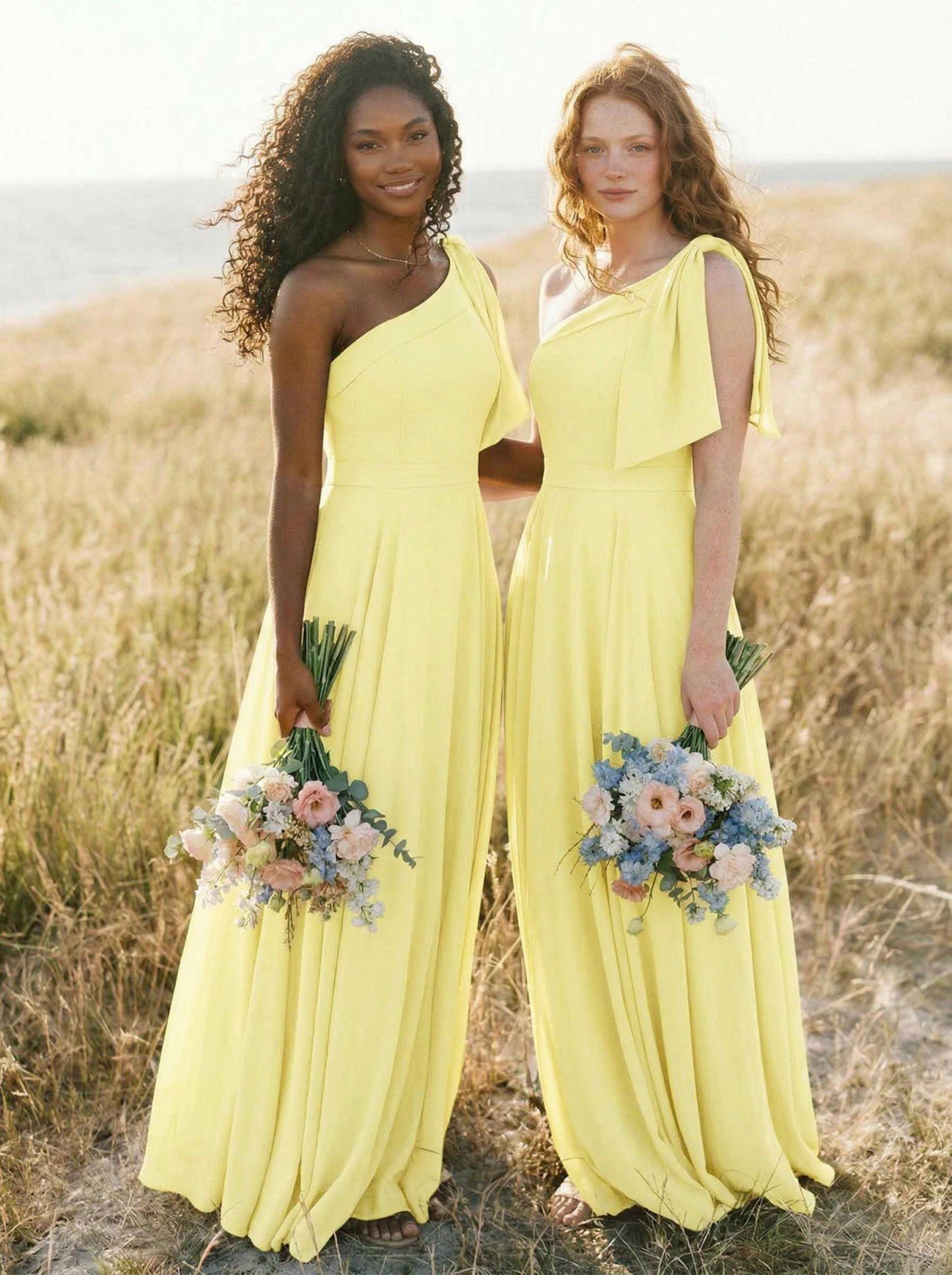 A-Line One-Shoulder Sleeveless Floor-Length Chiffon Bridesmaid Dresses With Bow(s)/Pockets, product image 102