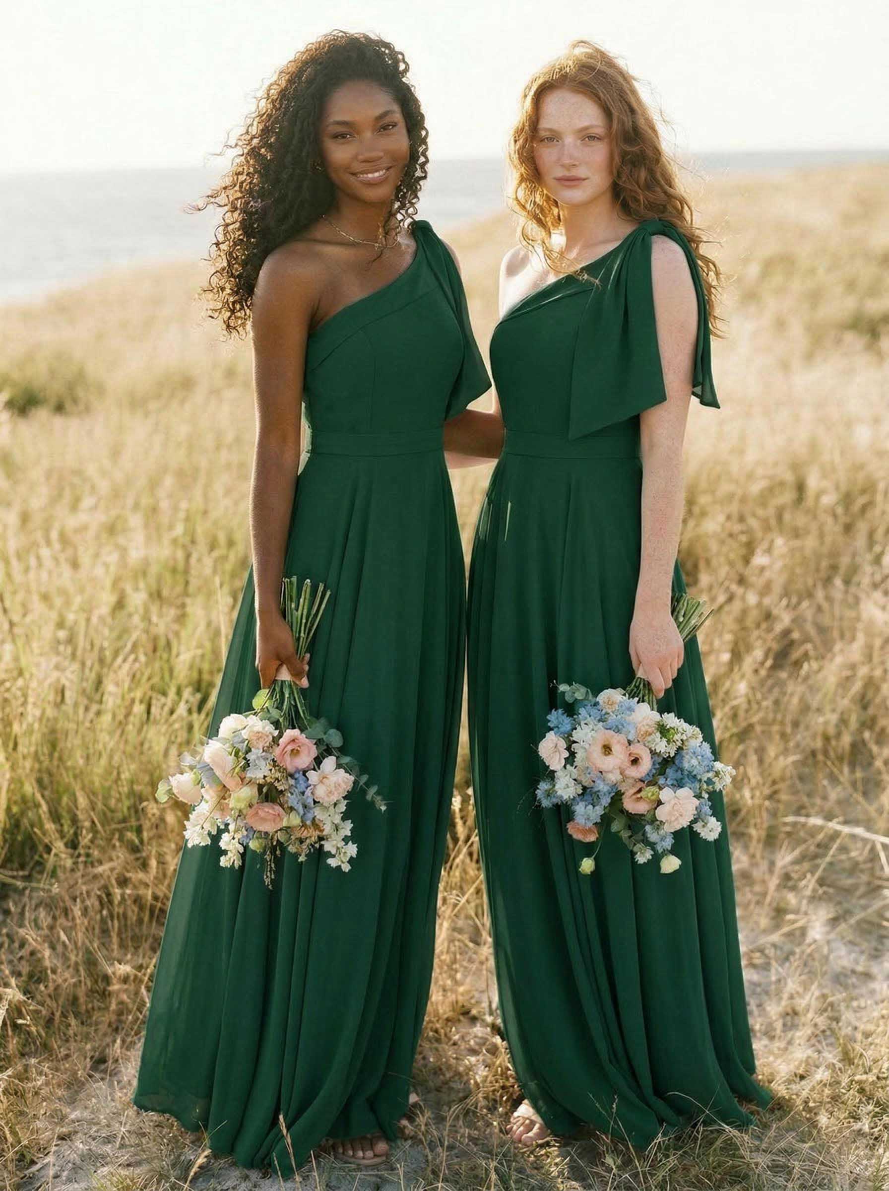 A-Line One-Shoulder Sleeveless Floor-Length Chiffon Bridesmaid Dresses With Bow(s)/Pockets, product image 82