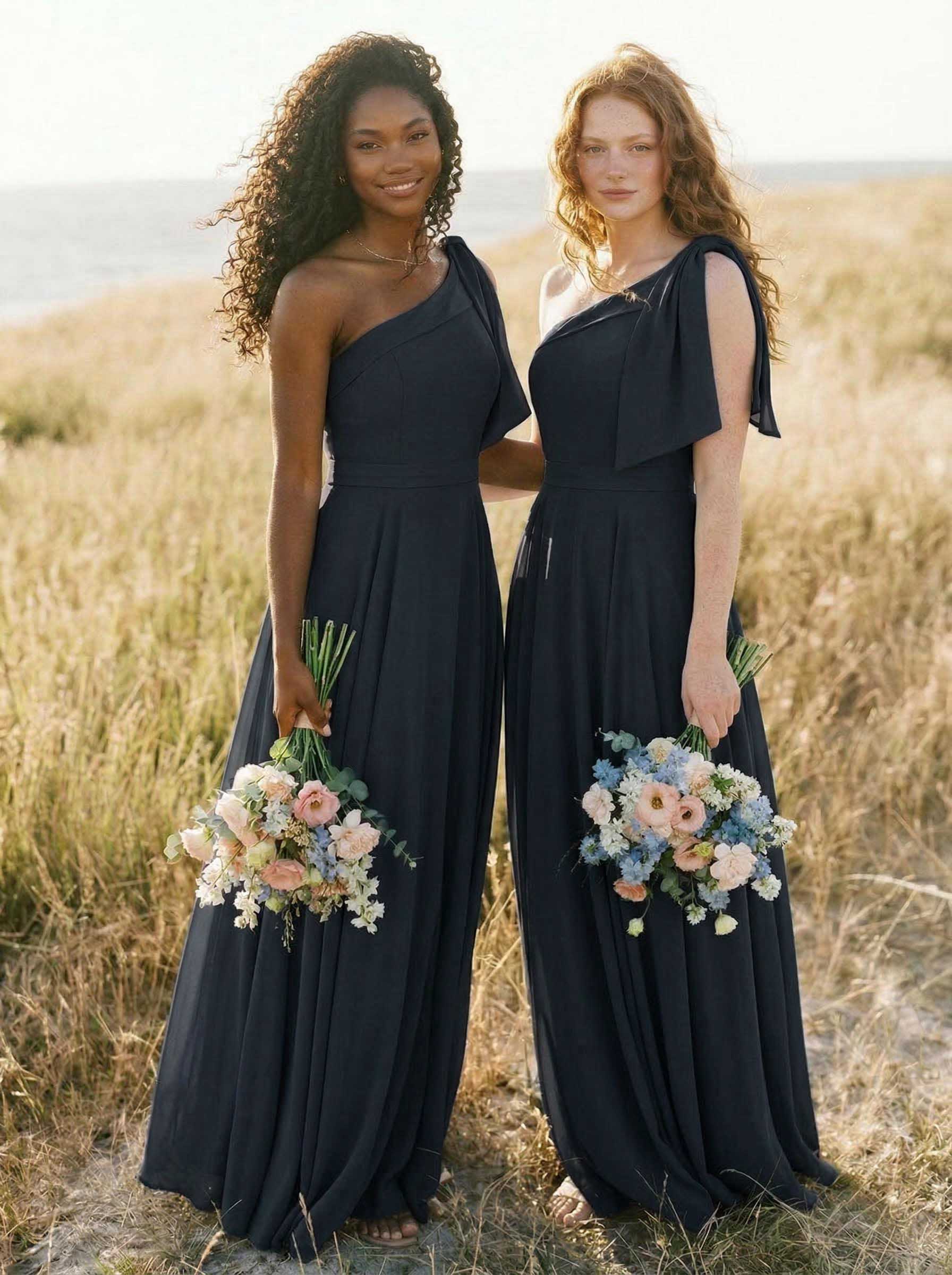 A-Line One-Shoulder Sleeveless Floor-Length Chiffon Bridesmaid Dresses With Bow(s)/Pockets, product image 6