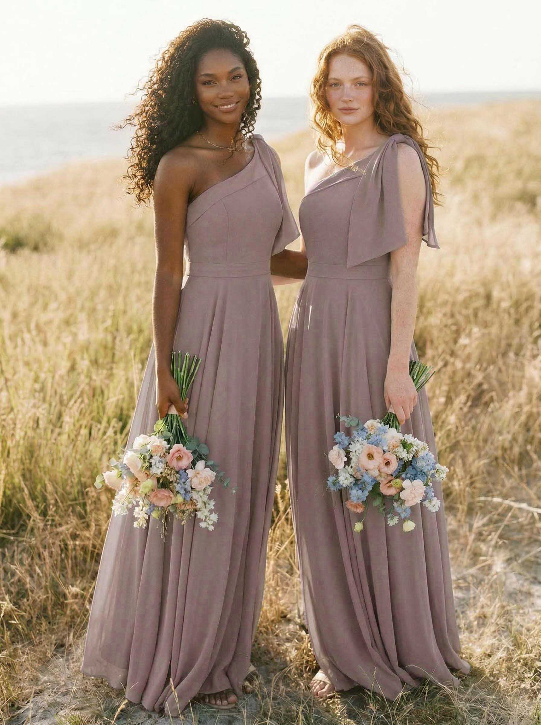 A-Line One-Shoulder Sleeveless Floor-Length Chiffon Bridesmaid Dresses With Bow(s)/Pockets, product image 56