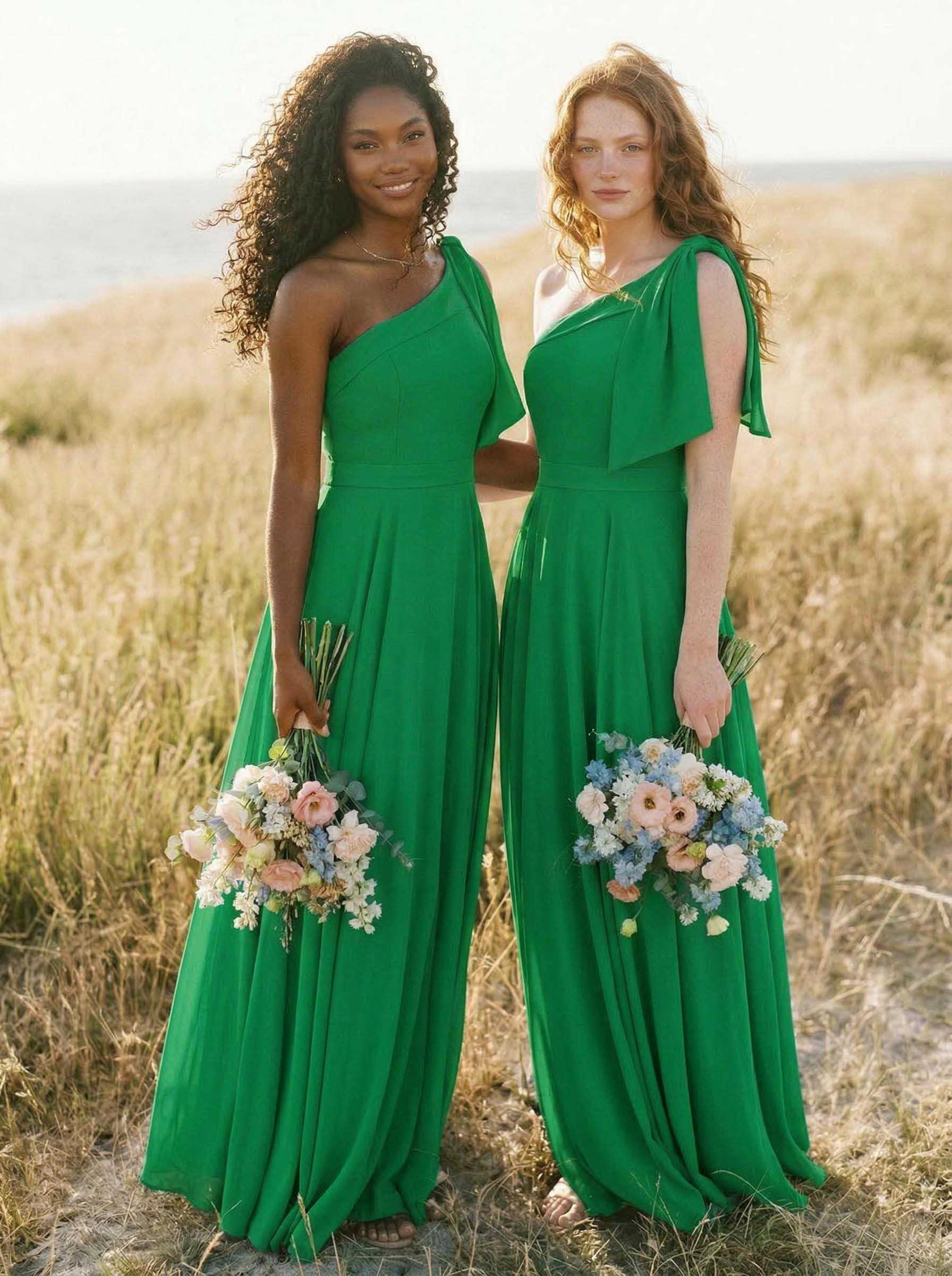 A-Line One-Shoulder Sleeveless Floor-Length Chiffon Bridesmaid Dresses With Bow(s)/Pockets, product image 130