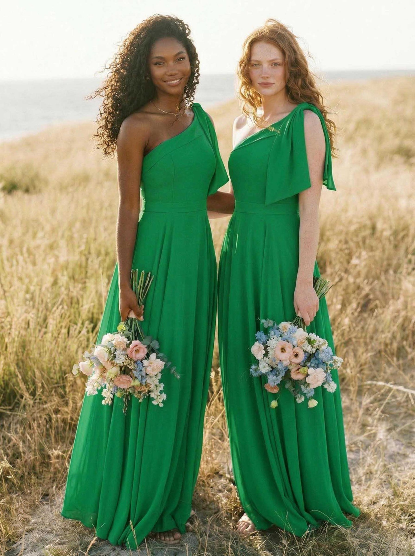 A-Line One-Shoulder Sleeveless Floor-Length Chiffon Bridesmaid Dresses With Bow(s)/Pockets, product image 130