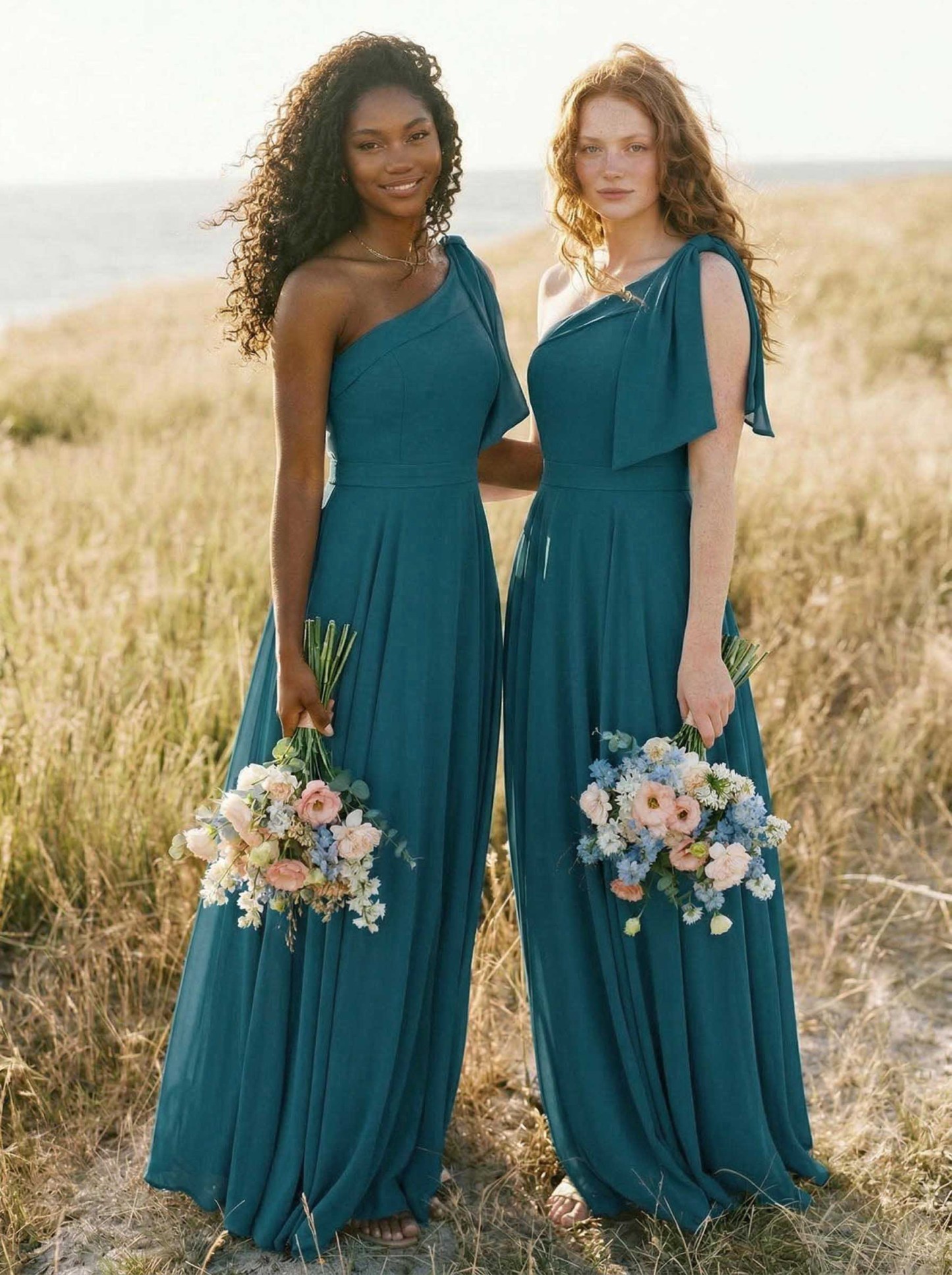 A-Line One-Shoulder Sleeveless Floor-Length Chiffon Bridesmaid Dresses With Bow(s)/Pockets, product image 14