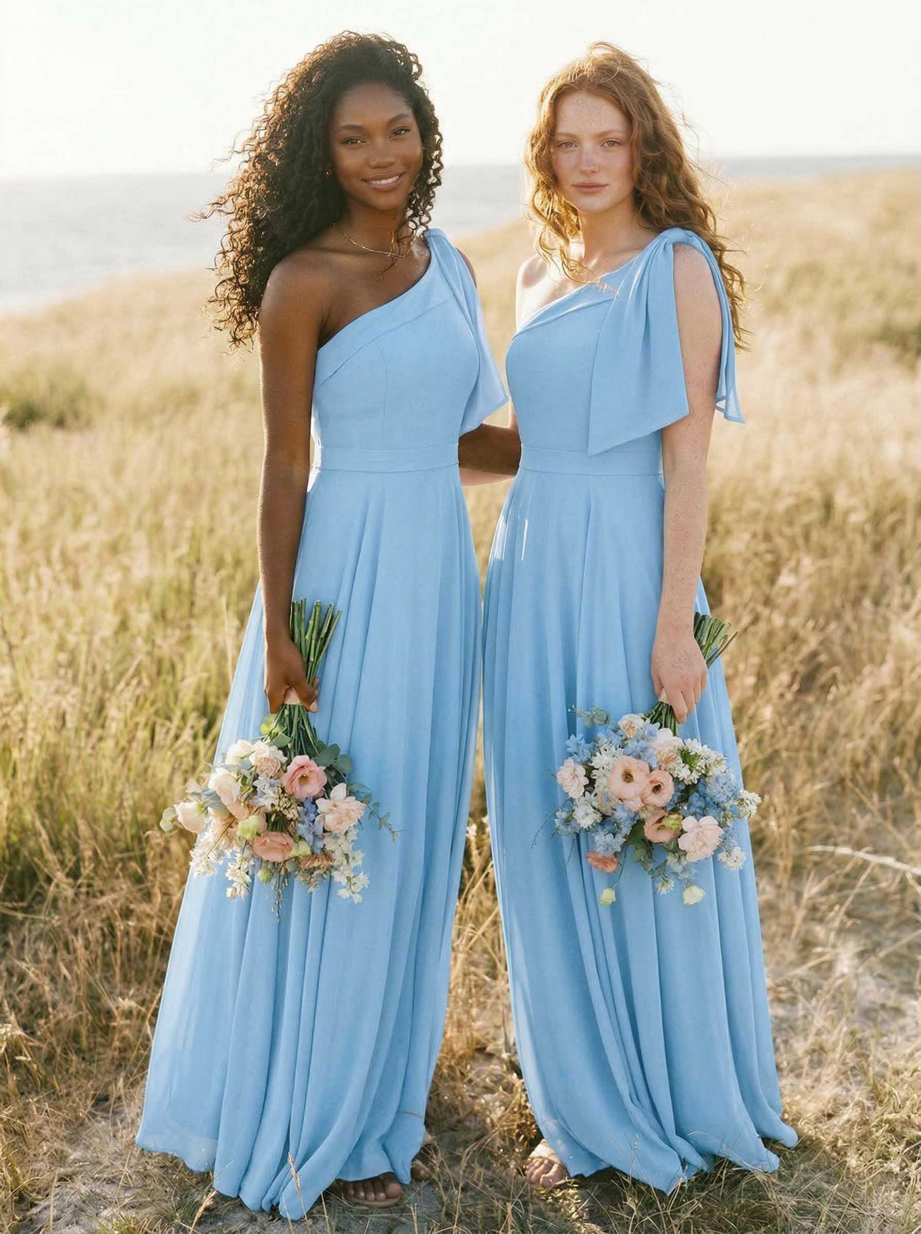 A-Line One-Shoulder Sleeveless Floor-Length Chiffon Bridesmaid Dresses With Bow(s)/Pockets, product image 22