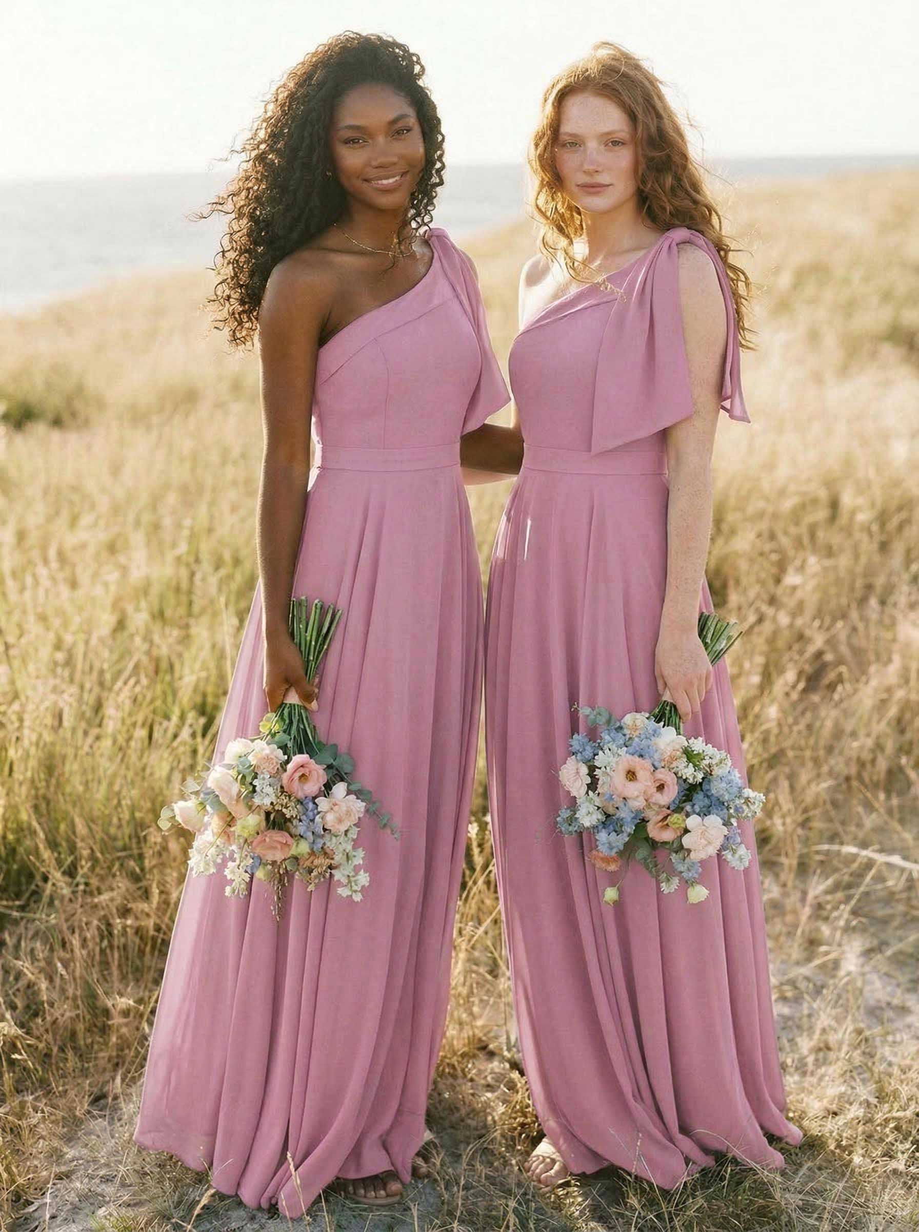 A-Line One-Shoulder Sleeveless Floor-Length Chiffon Bridesmaid Dresses With Bow(s)/Pockets, product image 62