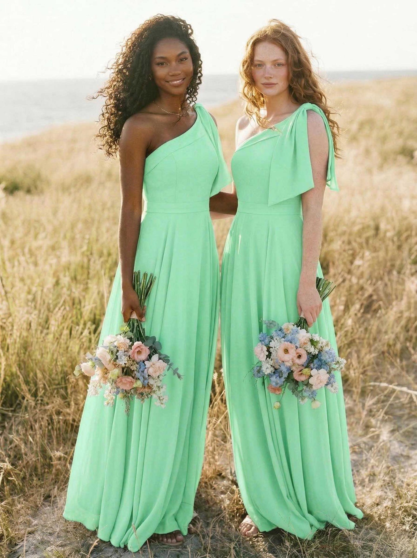 A-Line One-Shoulder Sleeveless Floor-Length Chiffon Bridesmaid Dresses With Bow(s)/Pockets, product image 94