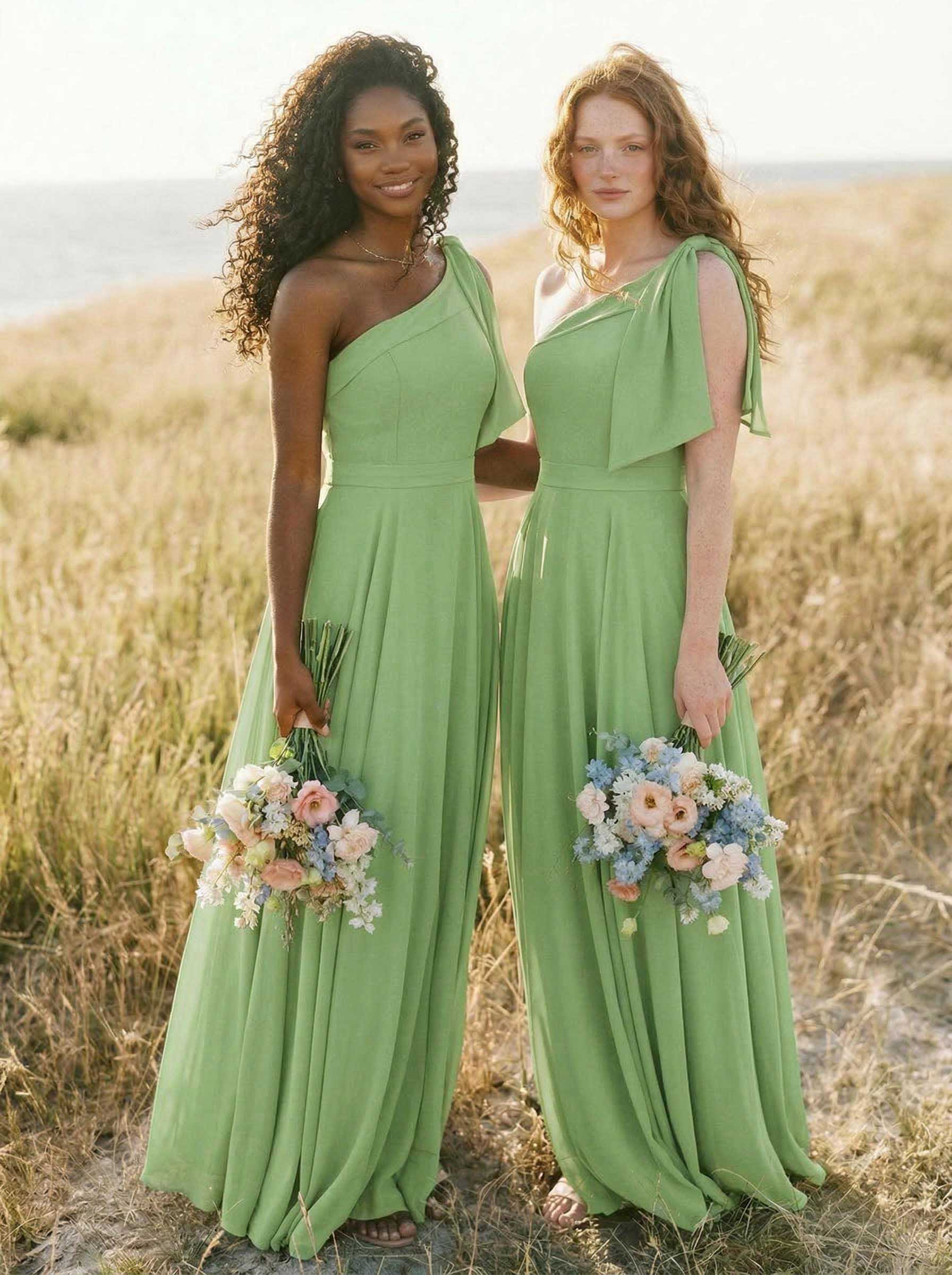 A-Line One-Shoulder Sleeveless Floor-Length Chiffon Bridesmaid Dresses With Bow(s)/Pockets, product image 134