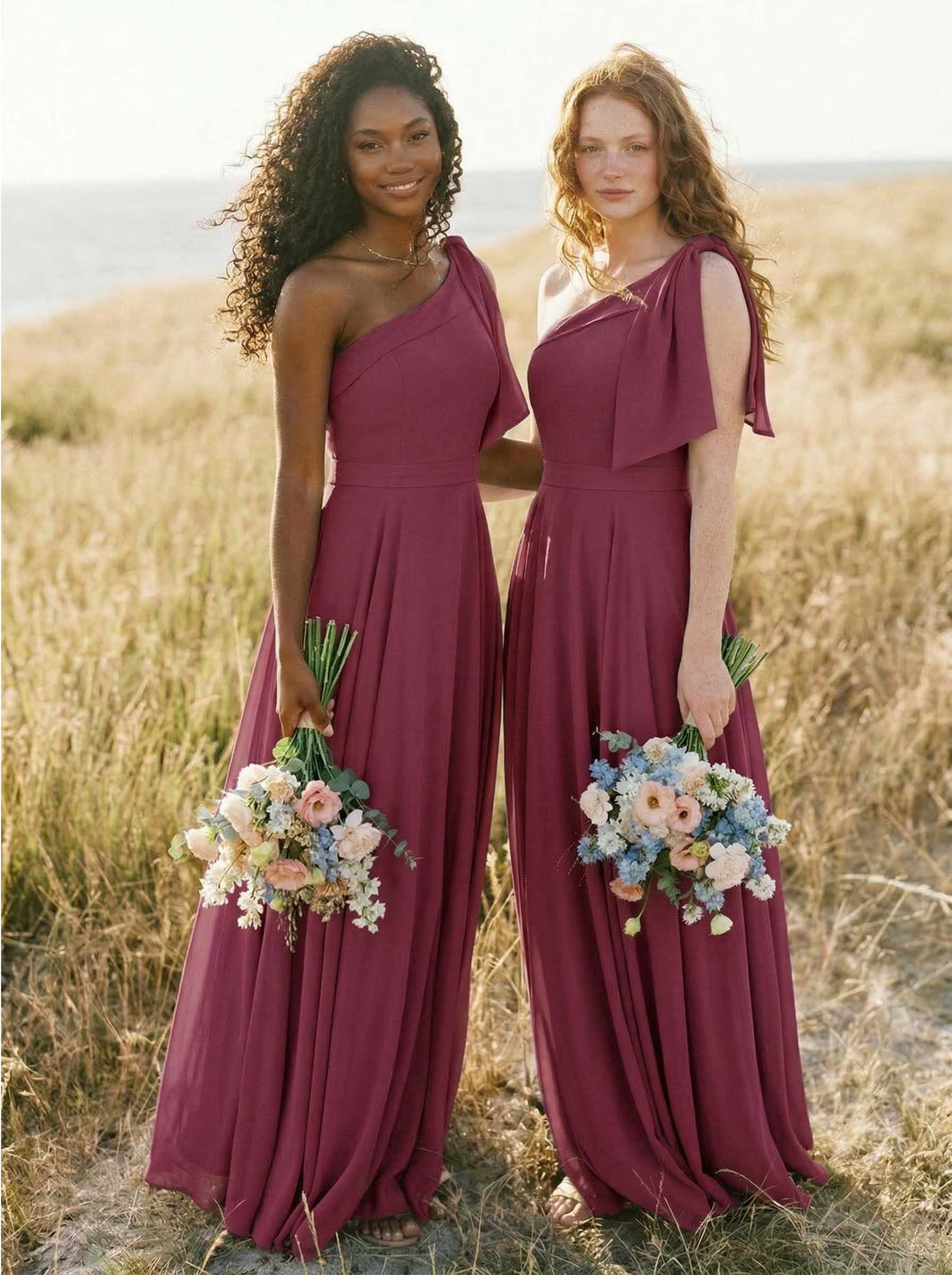 A-Line One-Shoulder Sleeveless Floor-Length Chiffon Bridesmaid Dresses With Bow(s)/Pockets, product image 34