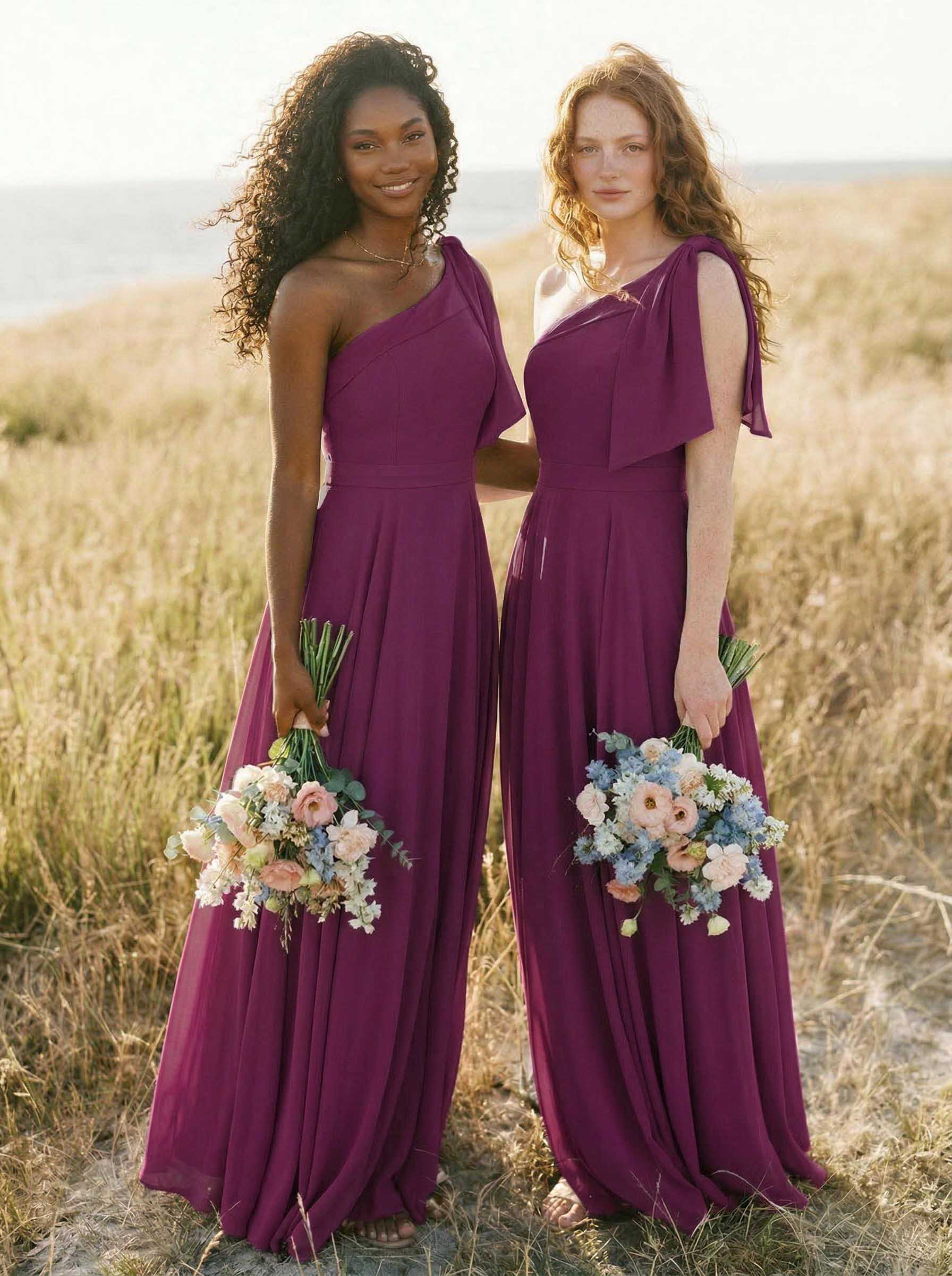 A-Line One-Shoulder Sleeveless Floor-Length Chiffon Bridesmaid Dresses With Bow(s)/Pockets, product image 74