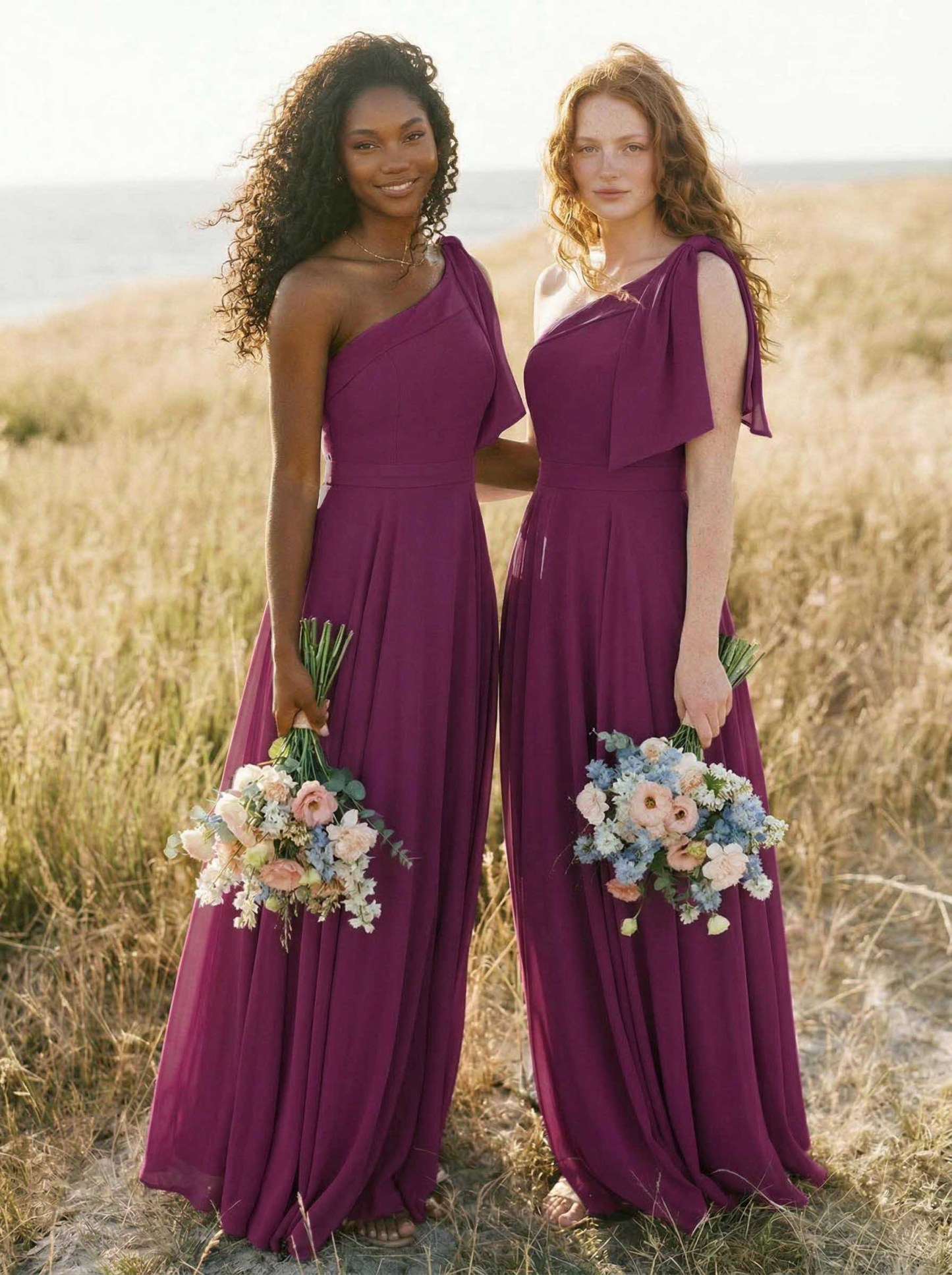 A-Line One-Shoulder Sleeveless Floor-Length Chiffon Bridesmaid Dresses With Bow(s)/Pockets, product image 74