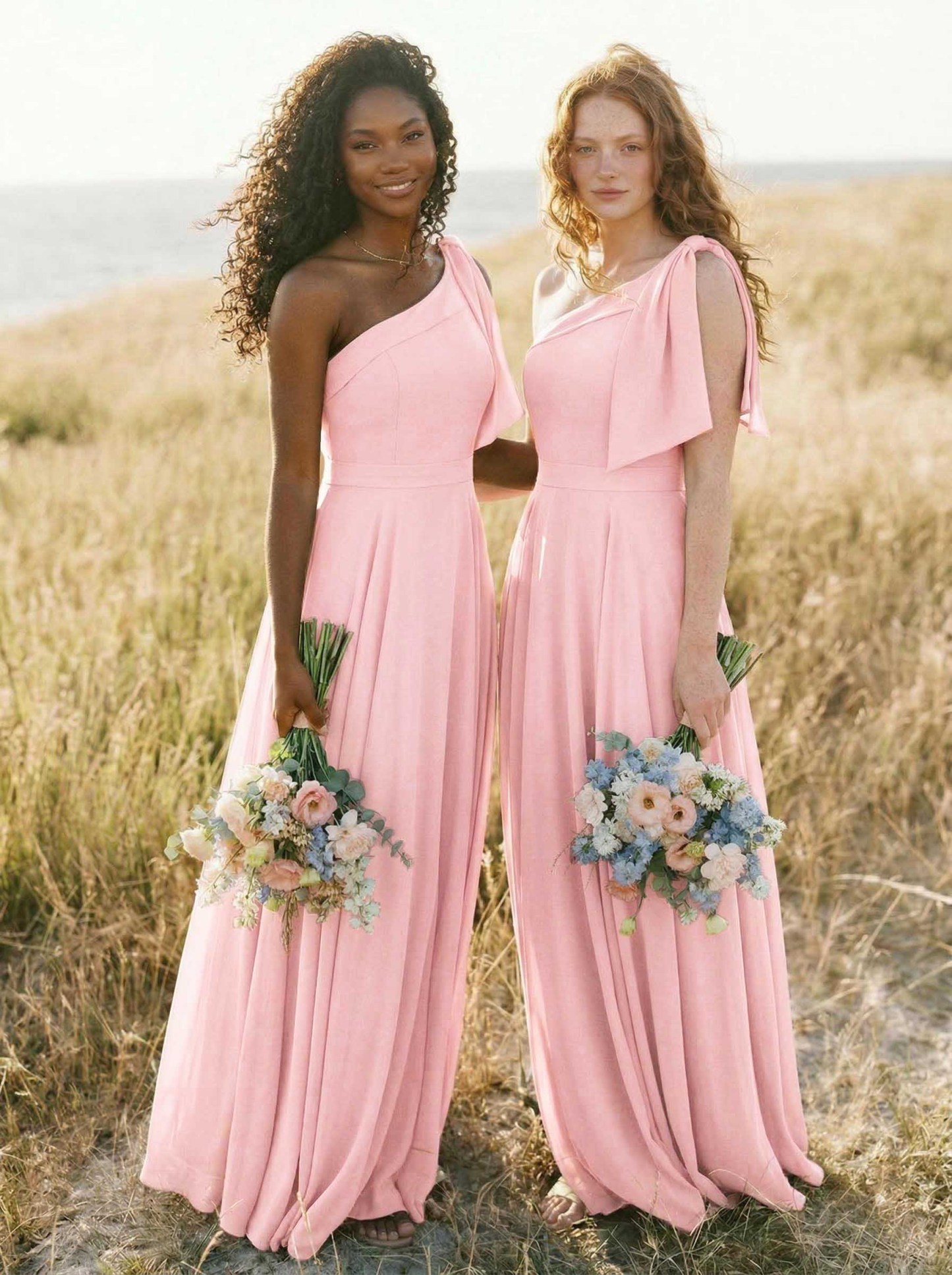 A-Line One-Shoulder Sleeveless Floor-Length Chiffon Bridesmaid Dresses With Bow(s)/Pockets, product image 48