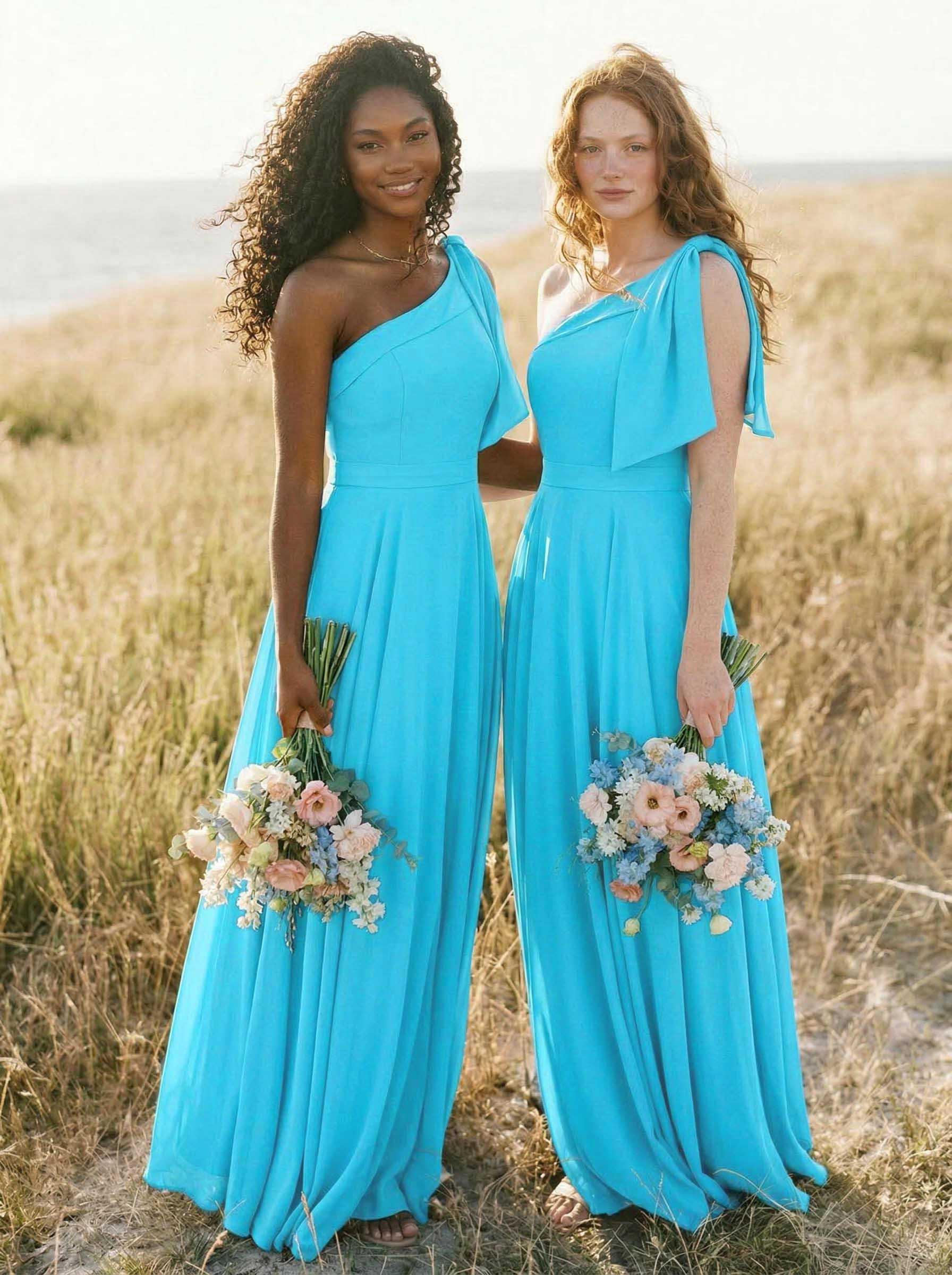 A-Line One-Shoulder Sleeveless Floor-Length Chiffon Bridesmaid Dresses With Bow(s)/Pockets, product image 20
