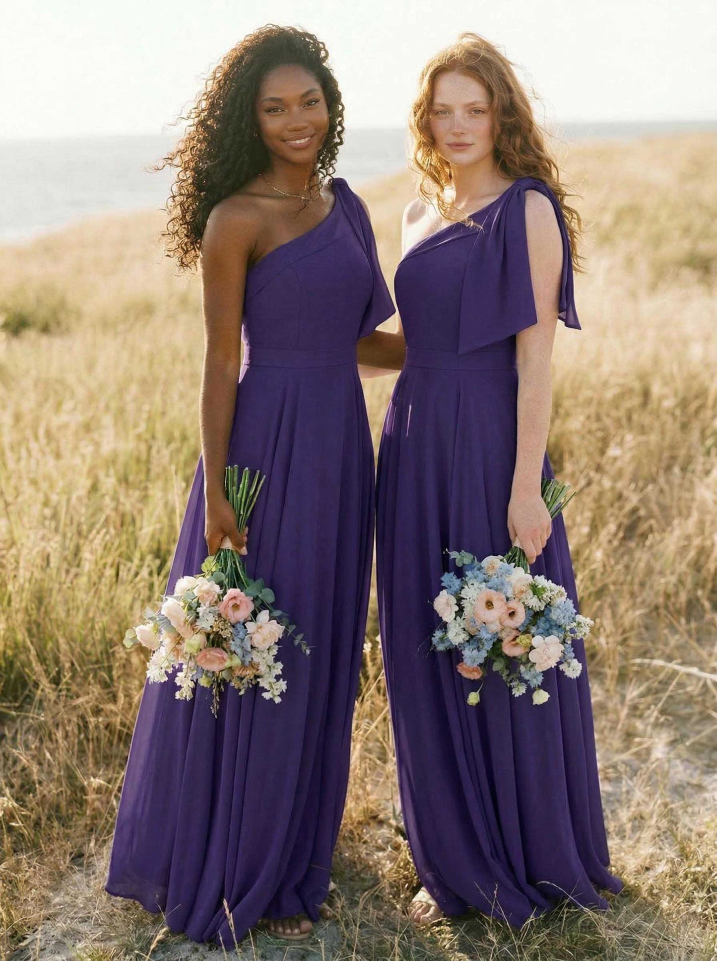 A-Line One-Shoulder Sleeveless Floor-Length Chiffon Bridesmaid Dresses With Bow(s)/Pockets, product image 80