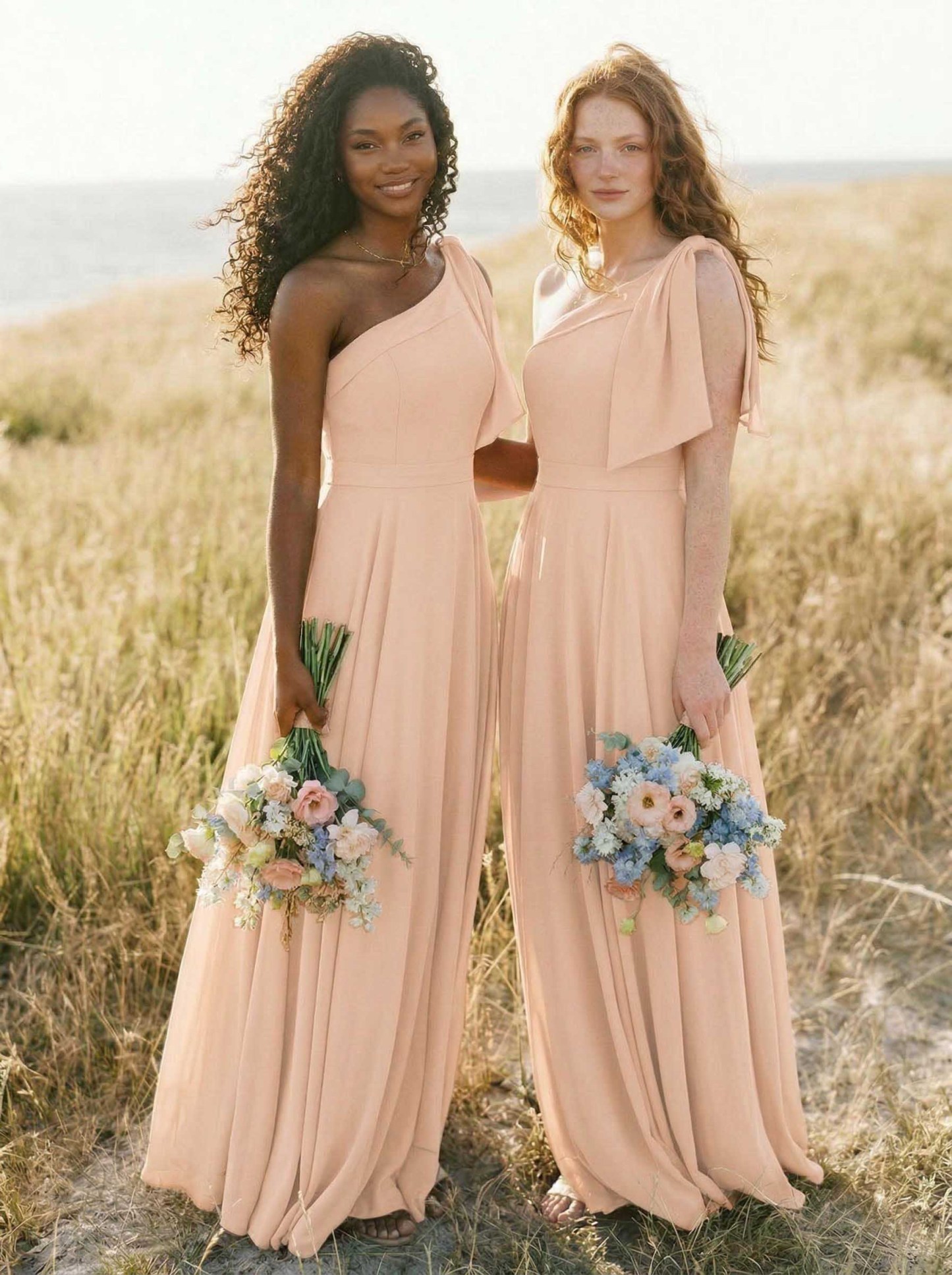A-Line One-Shoulder Sleeveless Floor-Length Chiffon Bridesmaid Dresses With Bow(s)/Pockets, product image 128