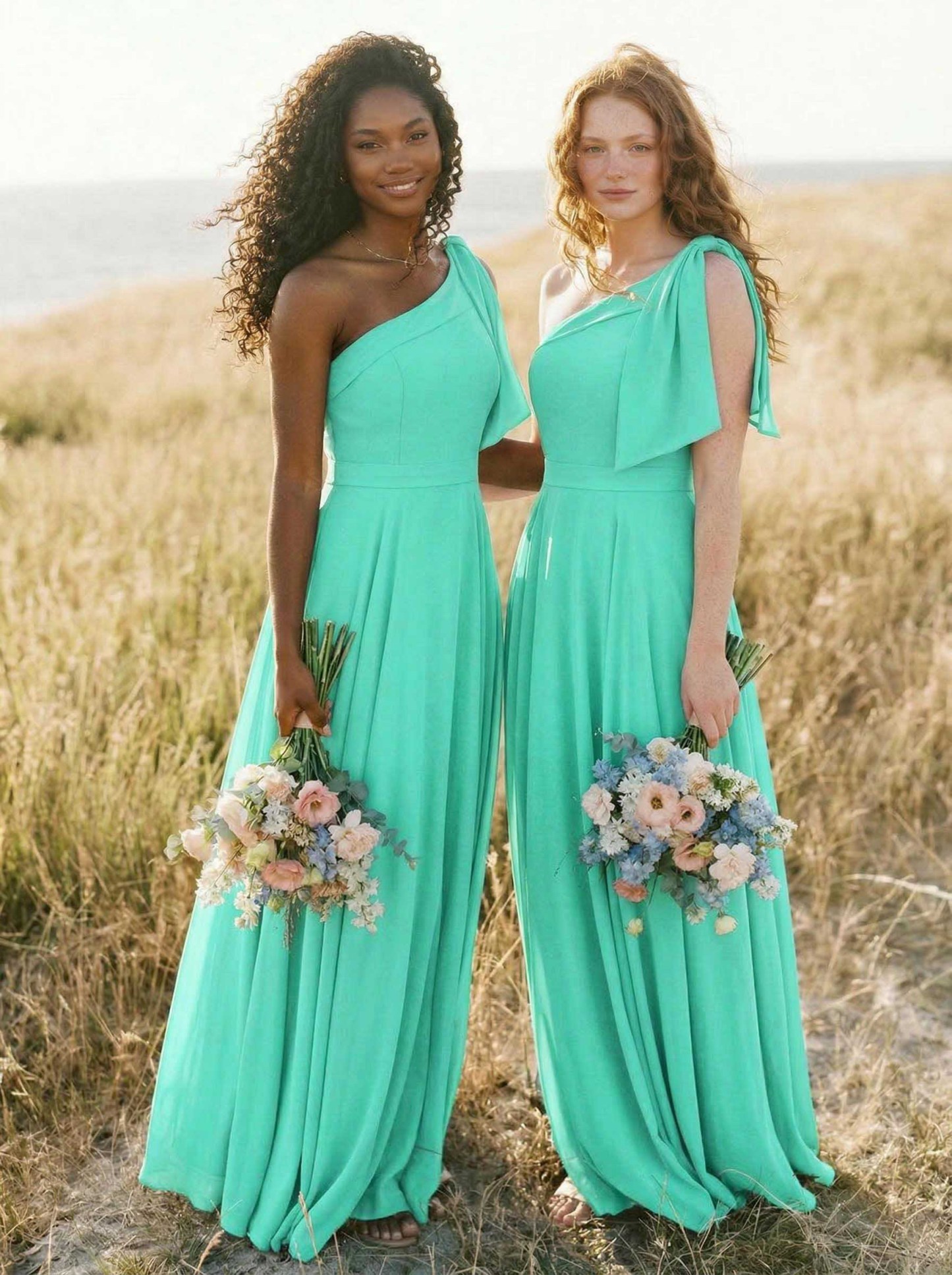A-Line One-Shoulder Sleeveless Floor-Length Chiffon Bridesmaid Dresses With Bow(s)/Pockets, product image 96