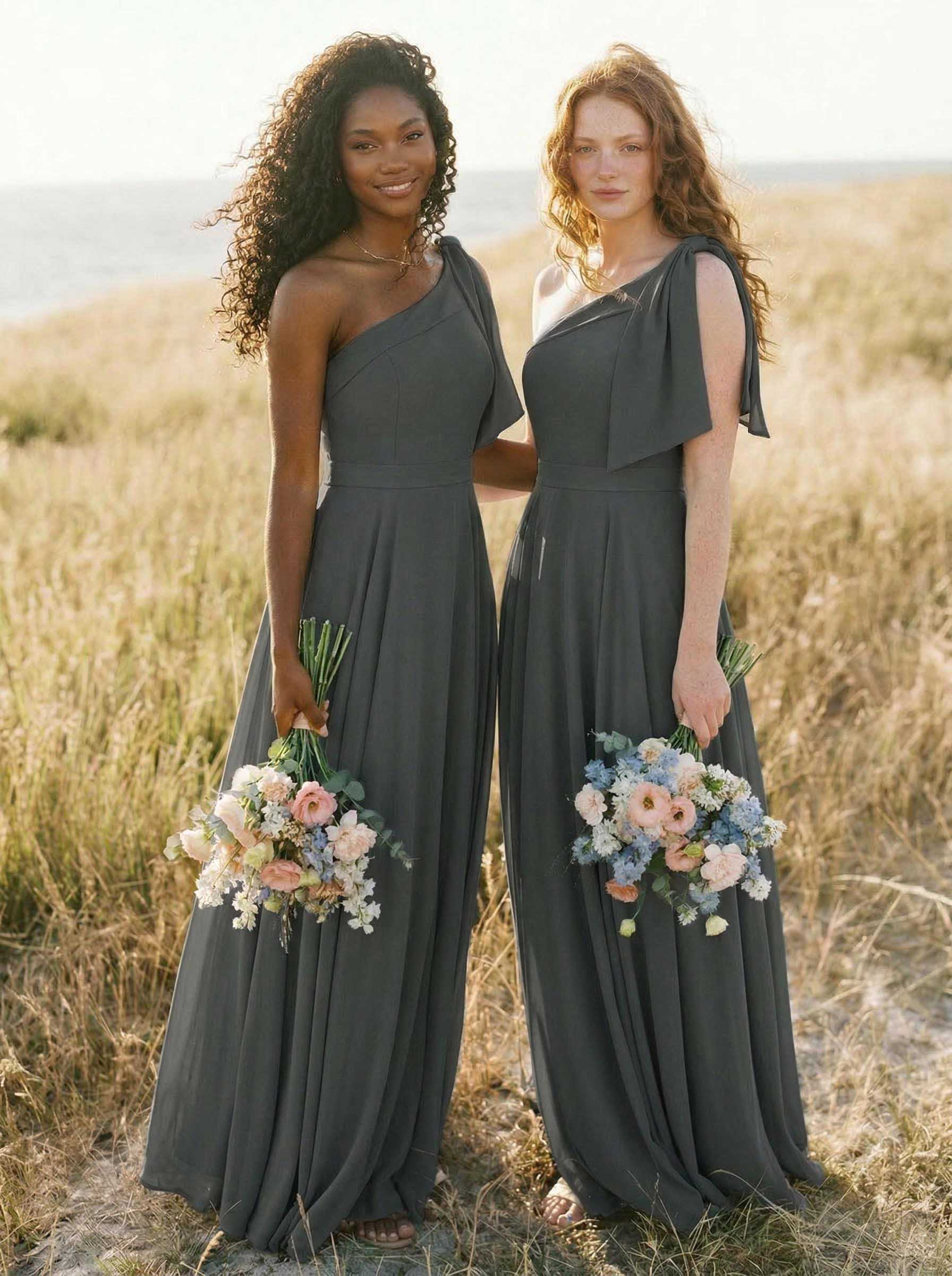 A-Line One-Shoulder Sleeveless Floor-Length Chiffon Bridesmaid Dresses With Bow(s)/Pockets, product image 118