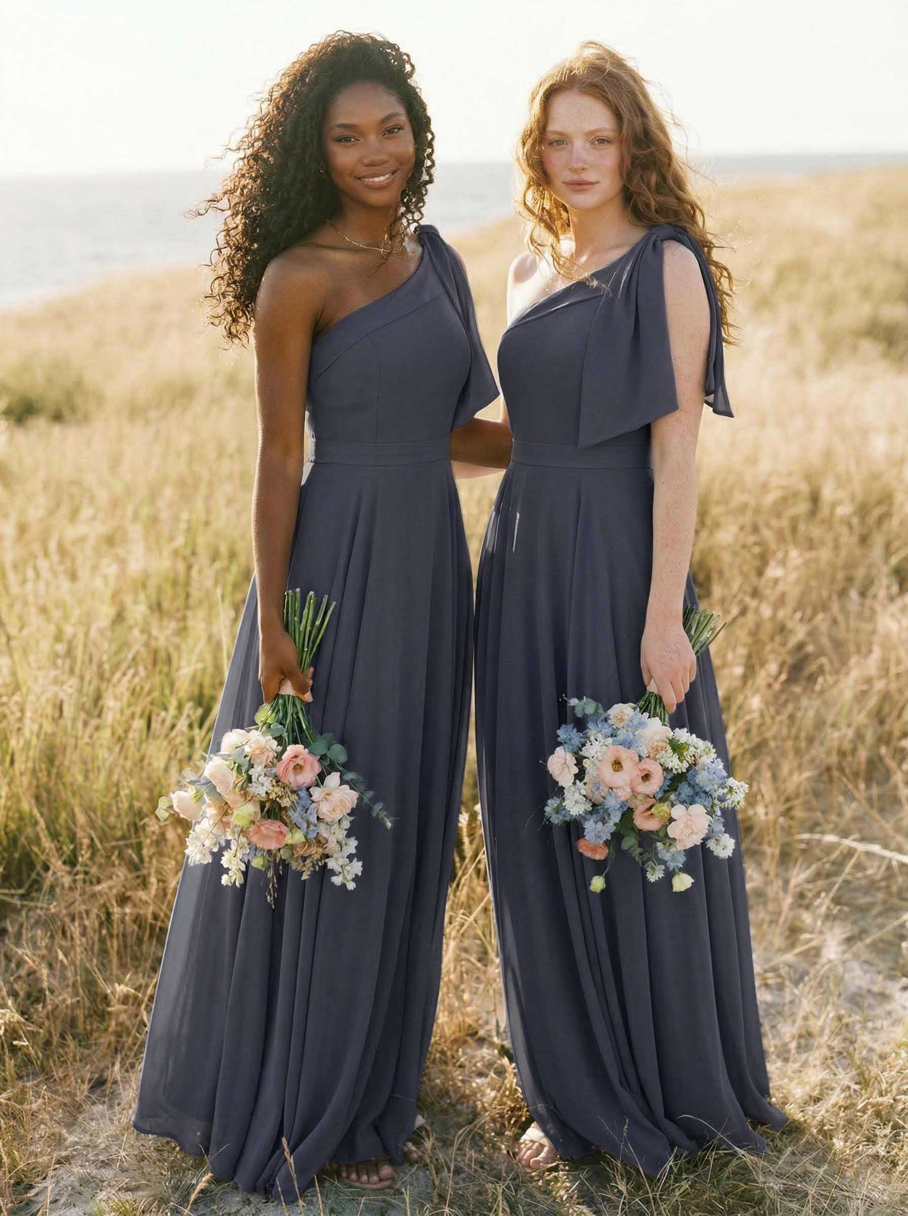 A-Line One-Shoulder Sleeveless Floor-Length Chiffon Bridesmaid Dresses With Bow(s)/Pockets, product image 12