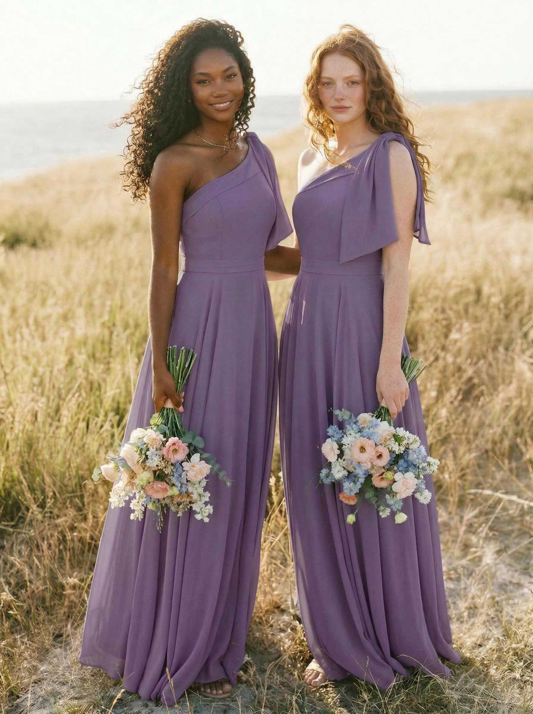 A-Line One-Shoulder Sleeveless Floor-Length Chiffon Bridesmaid Dresses With Bow(s)/Pockets, product image 68