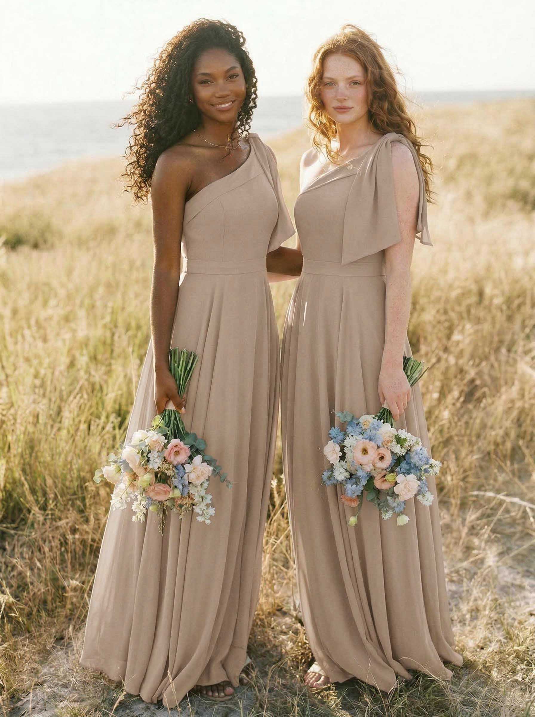 A-Line One-Shoulder Sleeveless Floor-Length Chiffon Bridesmaid Dresses With Bow(s)/Pockets, product image 100
