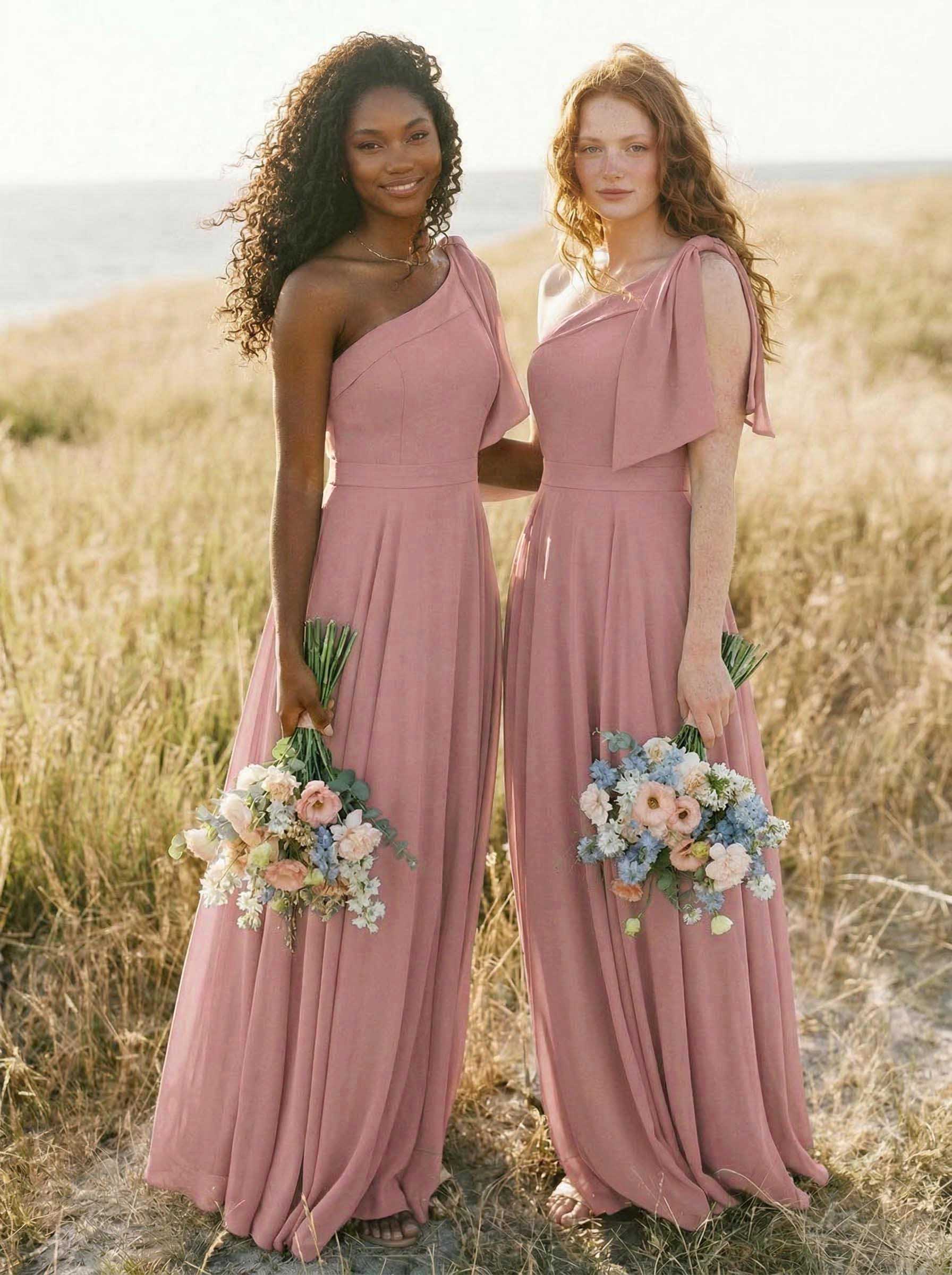 A-Line One-Shoulder Sleeveless Floor-Length Chiffon Bridesmaid Dresses With Bow(s)/Pockets, product image 60