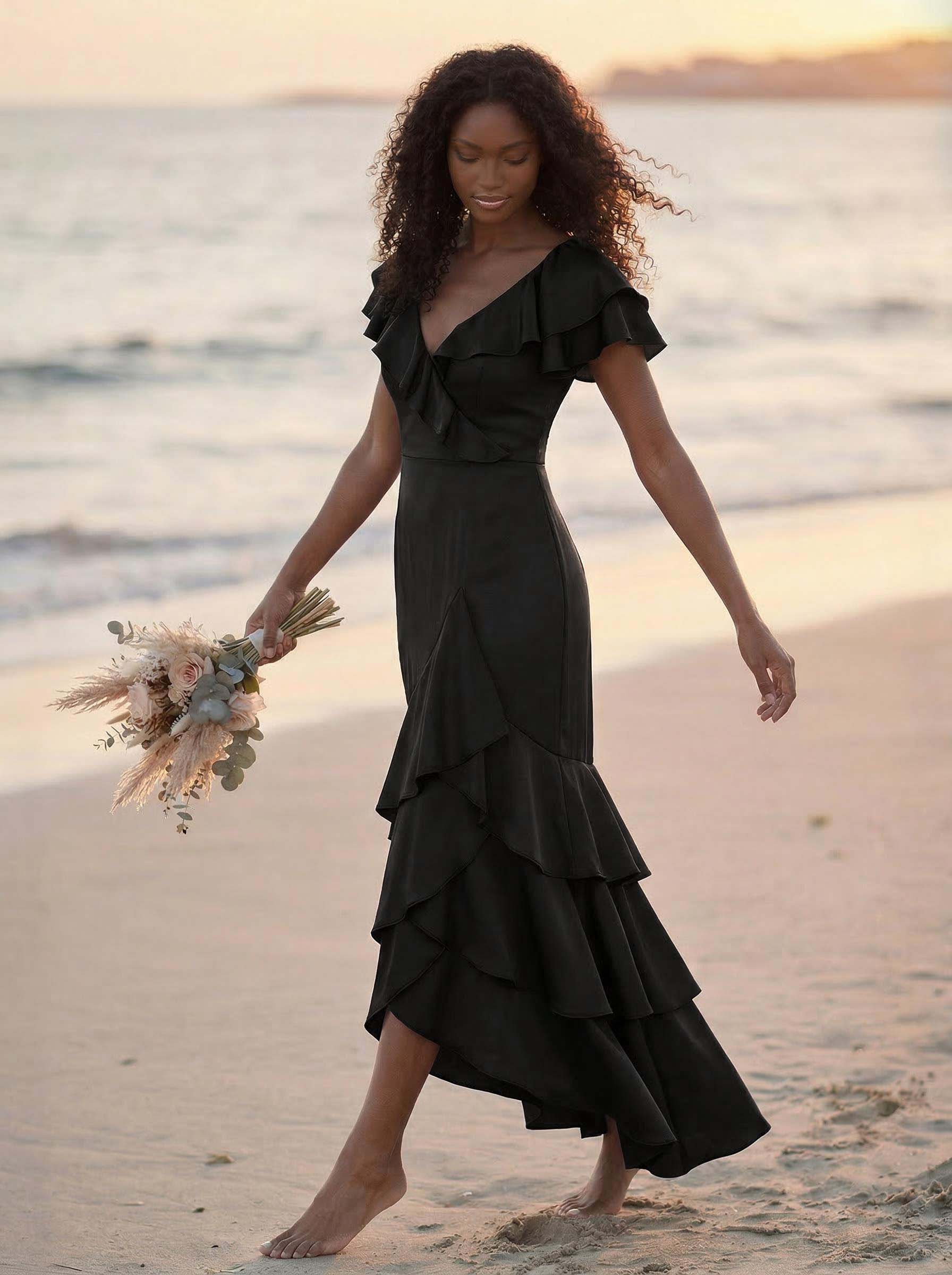 Trumpet/Mermaid V-Neck Short Sleeves Floor-Length Crepe Satin Bridesmaid Dresses