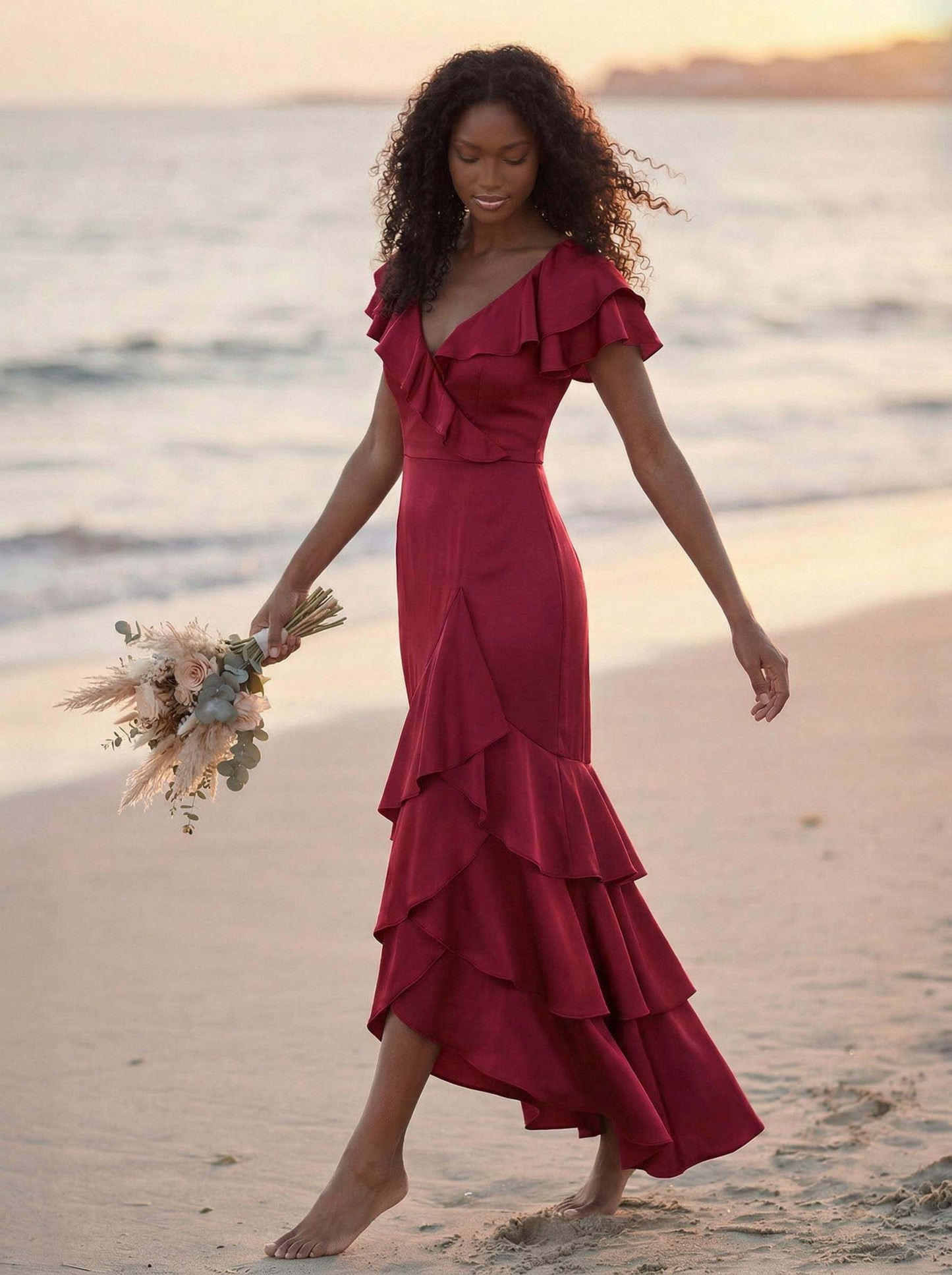 Trumpet/Mermaid V-Neck Short Sleeves Floor-Length Crepe Satin Bridesmaid Dresses