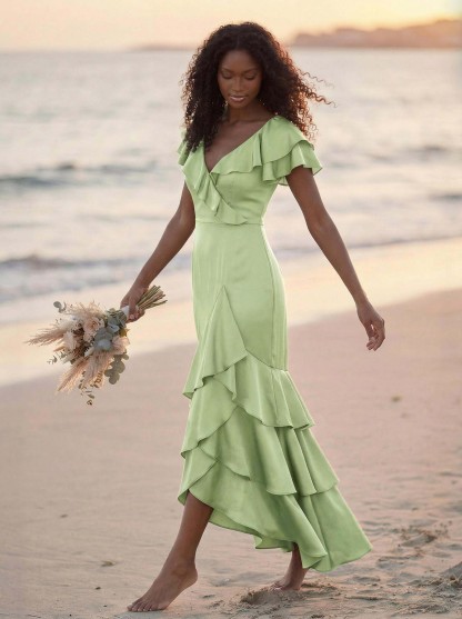 Trumpet/Mermaid V-Neck Short Sleeves Floor-Length Crepe Satin Bridesmaid Dresses