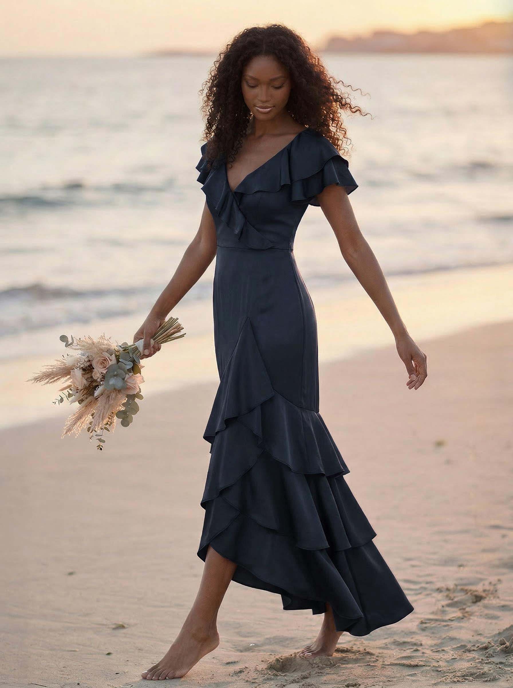 Trumpet/Mermaid V-Neck Short Sleeves Floor-Length Crepe Satin Bridesmaid Dresses