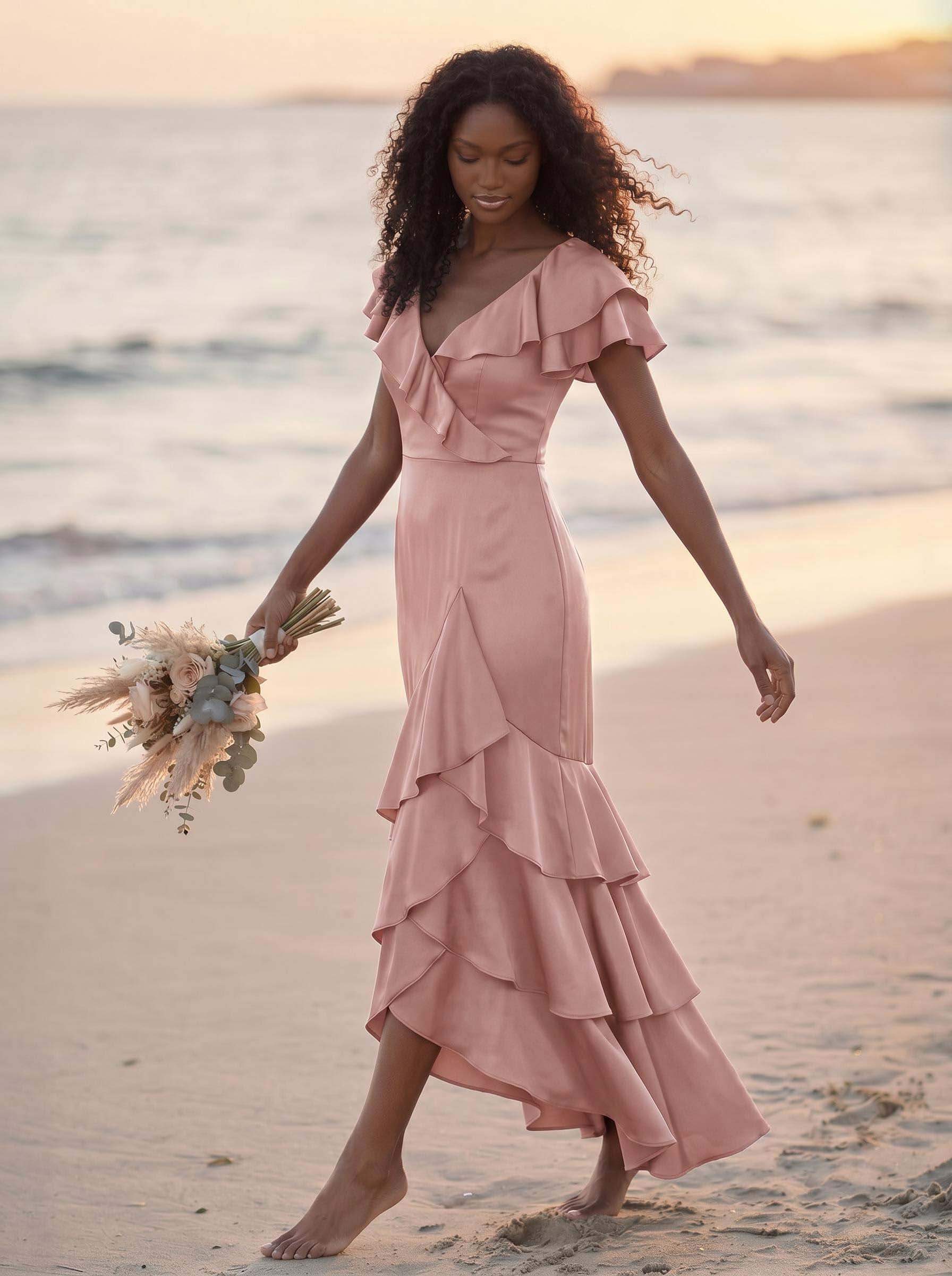 Trumpet/Mermaid V-Neck Short Sleeves Floor-Length Crepe Satin Bridesmaid Dresses