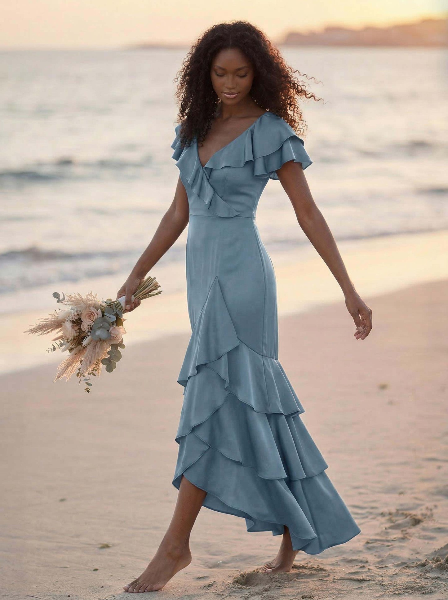 Trumpet/Mermaid V-Neck Short Sleeves Floor-Length Crepe Satin Bridesmaid Dresses