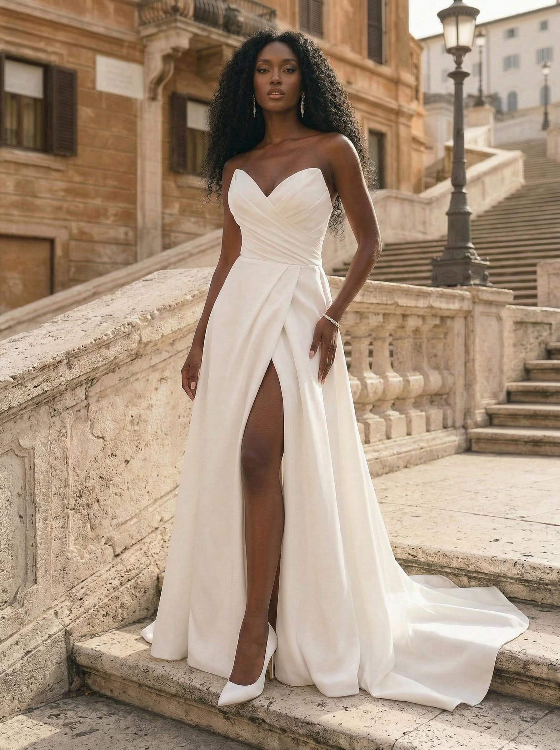 A-Line Sweetheart Sleeveless Court Train Satin Plus Size Wedding Dresses With High Split, product image 1
