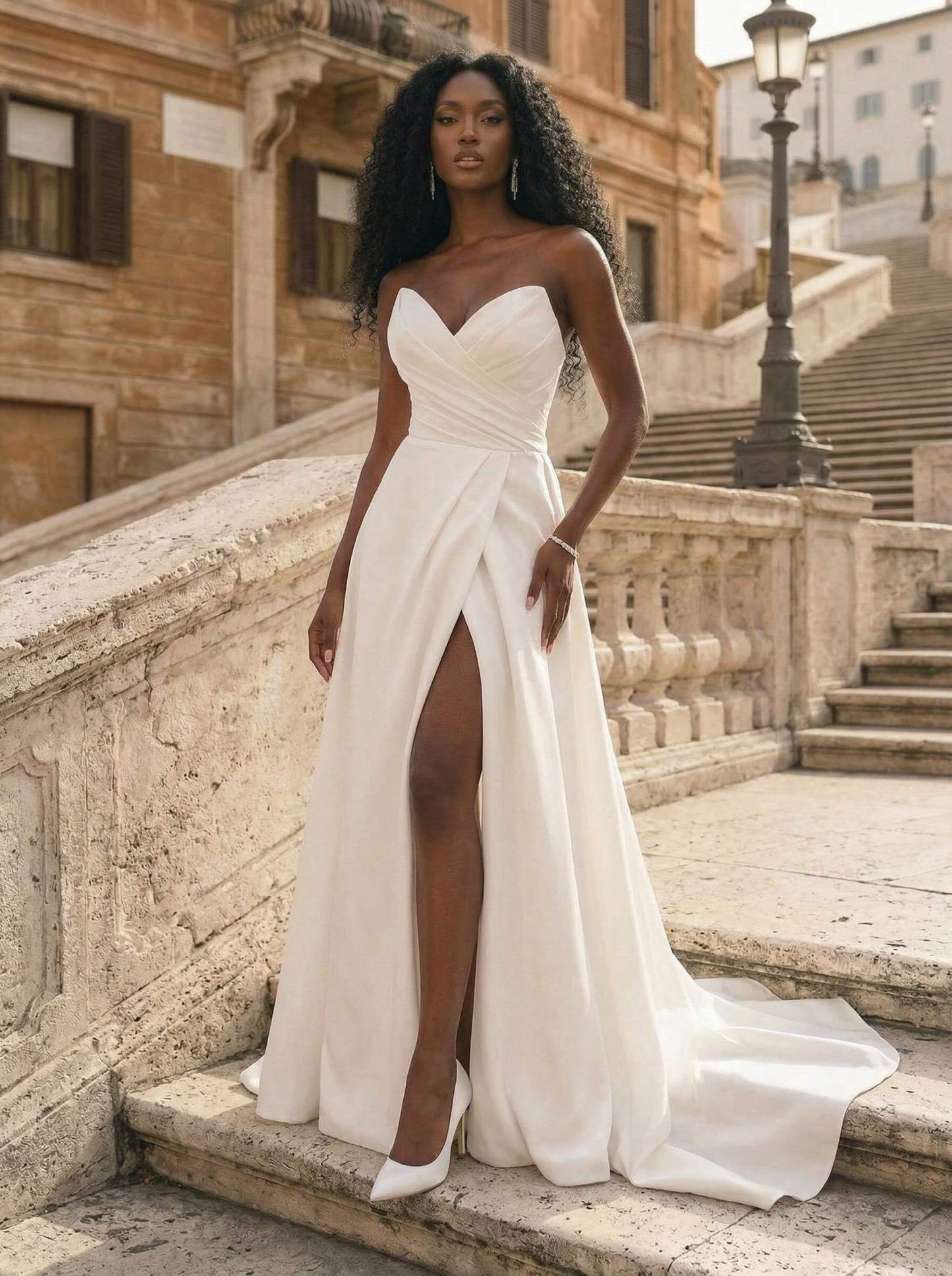 A-Line Sweetheart Sleeveless Court Train Satin Plus Size Wedding Dresses With High Split in Ivory, US2