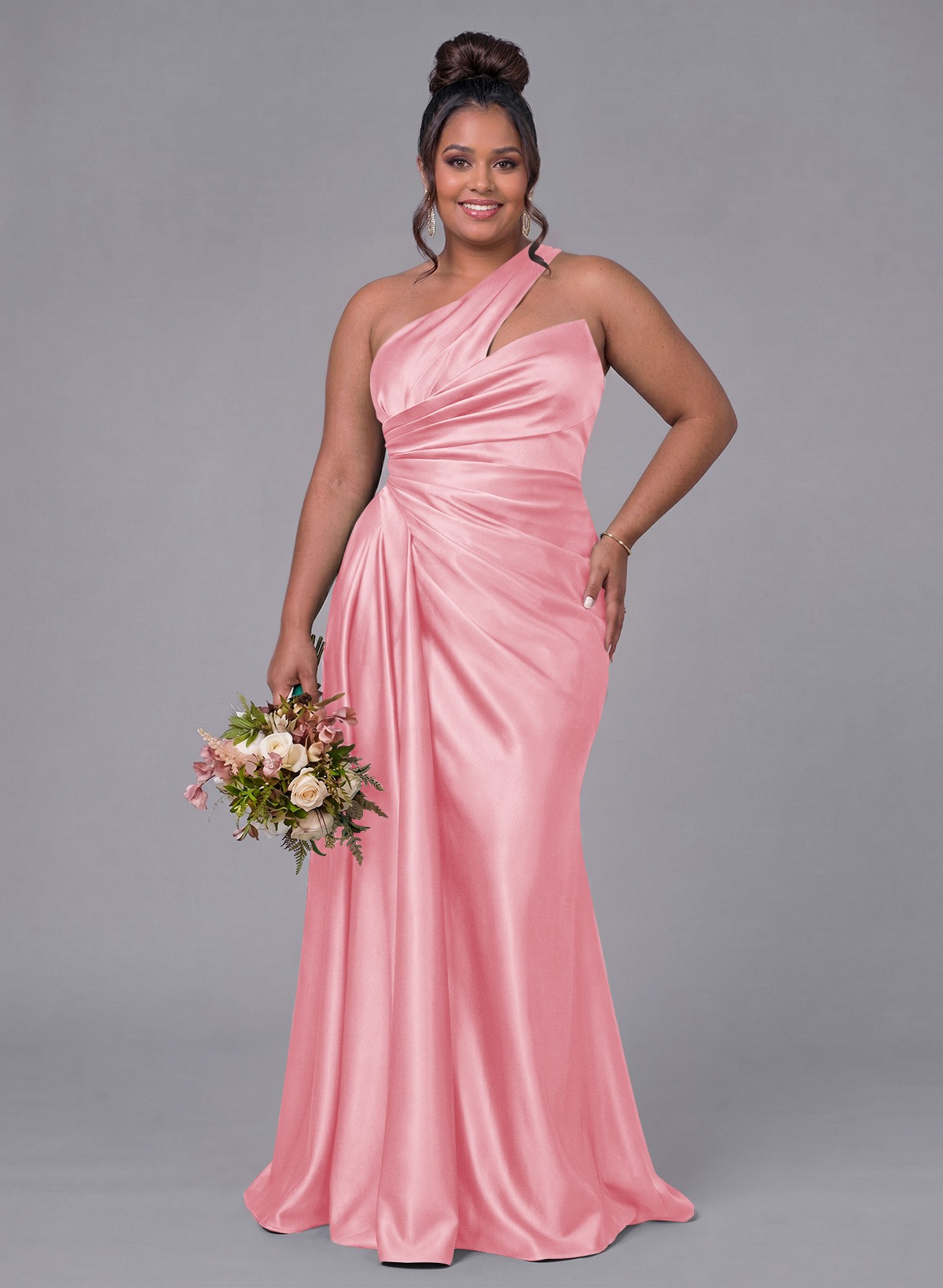 Sheath/Column One-Shoulder Silk Like Satin Bridesmaid Dresses With Ruffle, product image 264