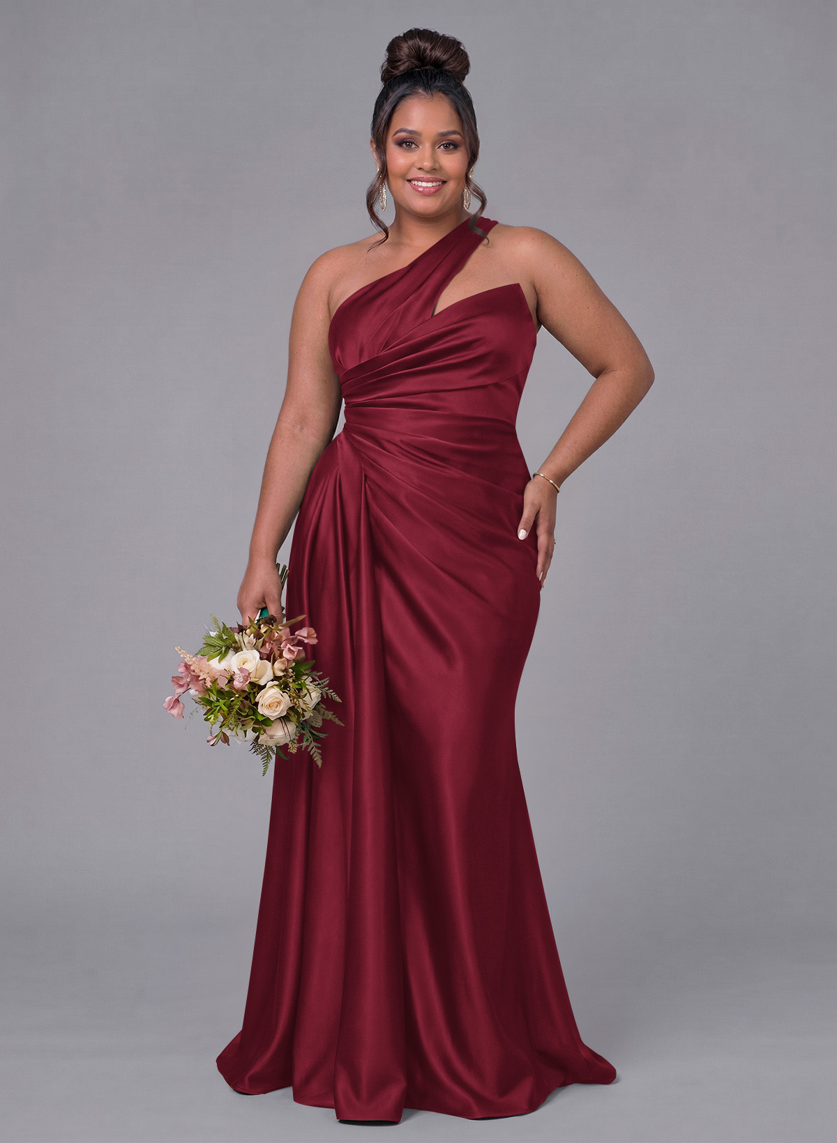 Sheath/Column One-Shoulder Silk Like Satin Bridesmaid Dresses With Ruffle, product image 262