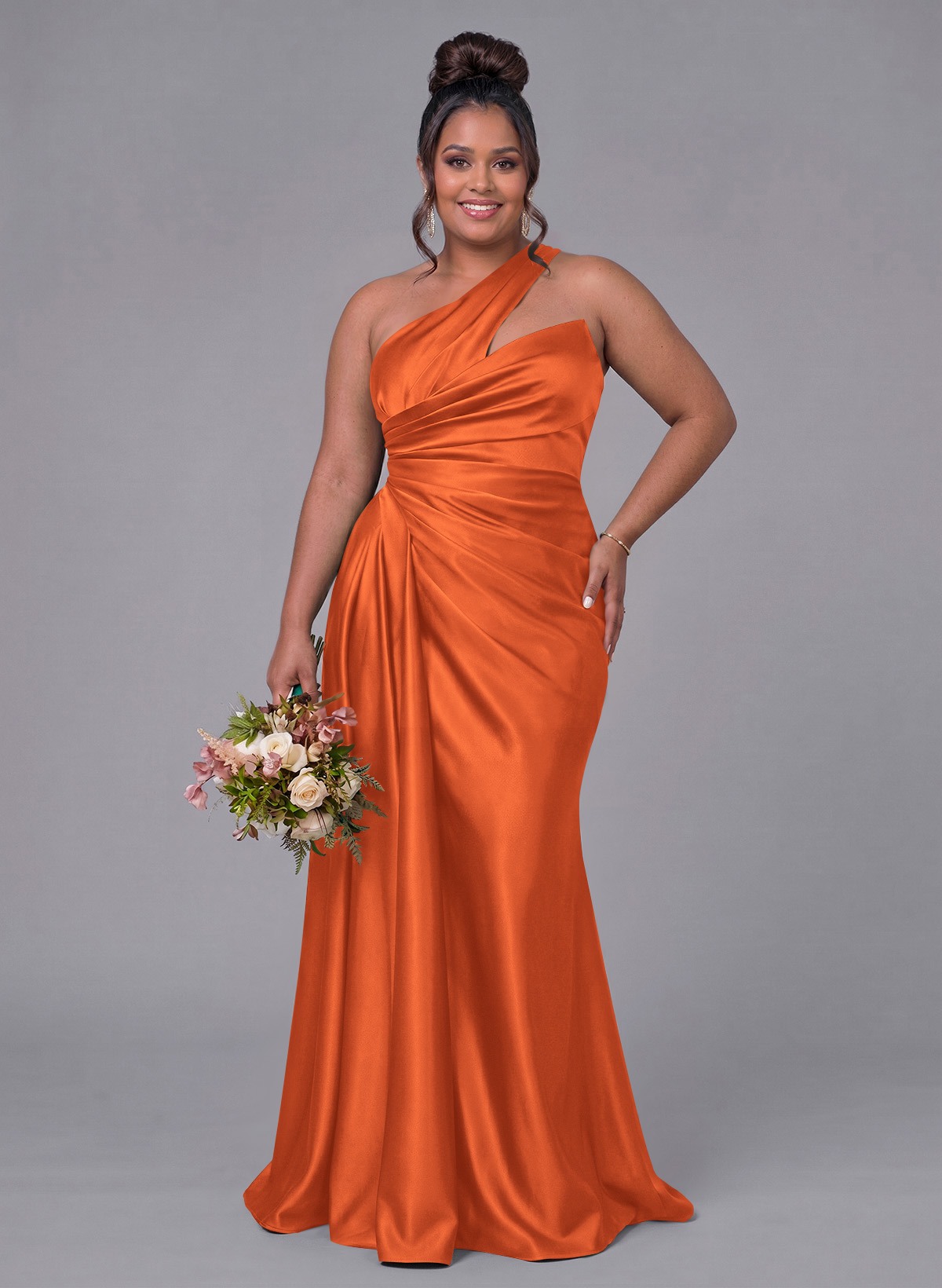Sheath/Column One-Shoulder Silk Like Satin Bridesmaid Dresses With Ruffle, product image 342