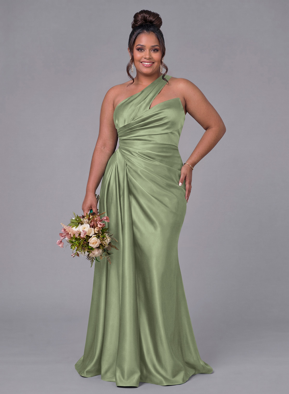 Sheath/Column One-Shoulder Silk Like Satin Bridesmaid Dresses With Ruffle, product image 268