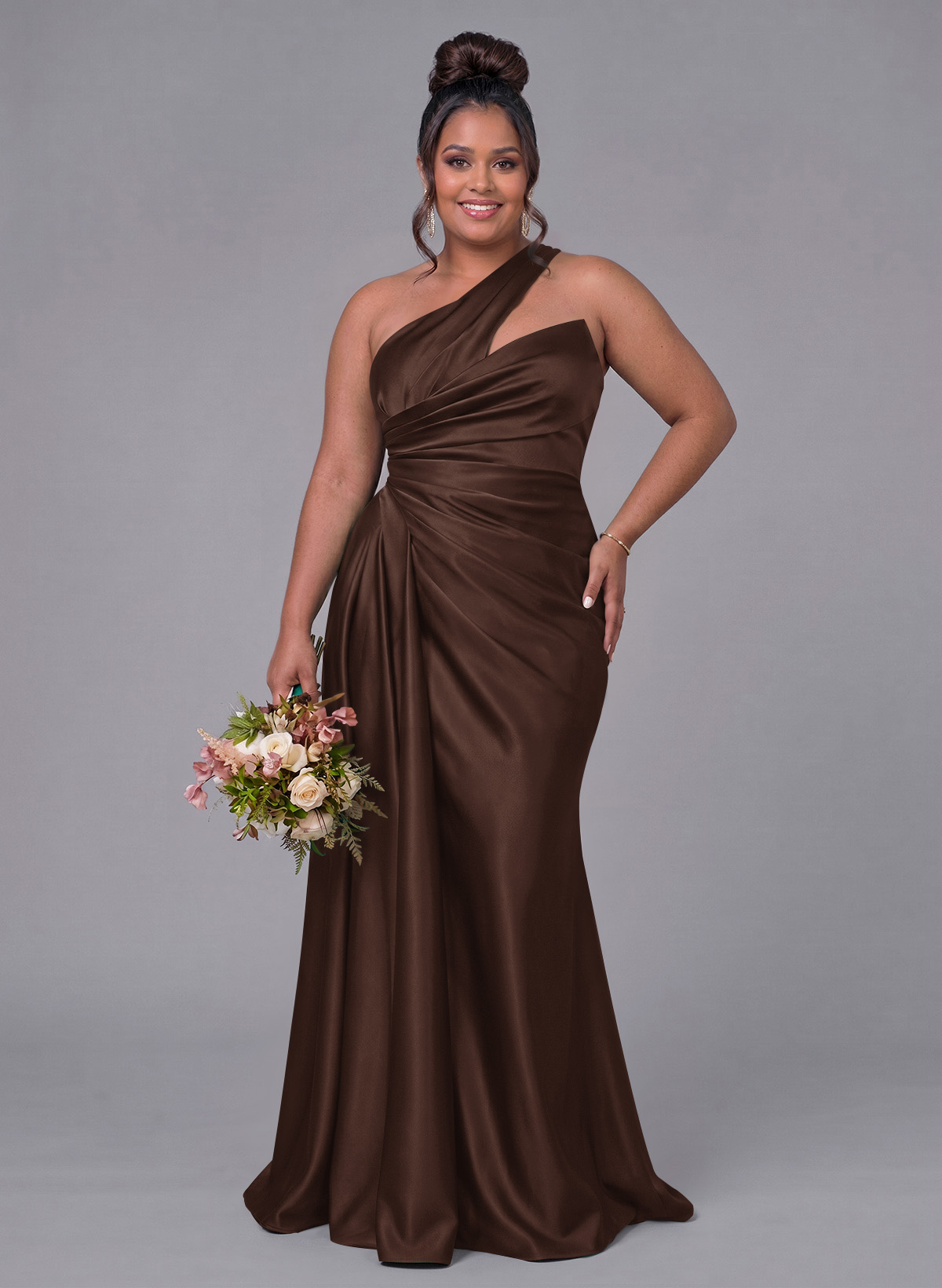 Sheath/Column One-Shoulder Silk Like Satin Bridesmaid Dresses With Ruffle, product image 338