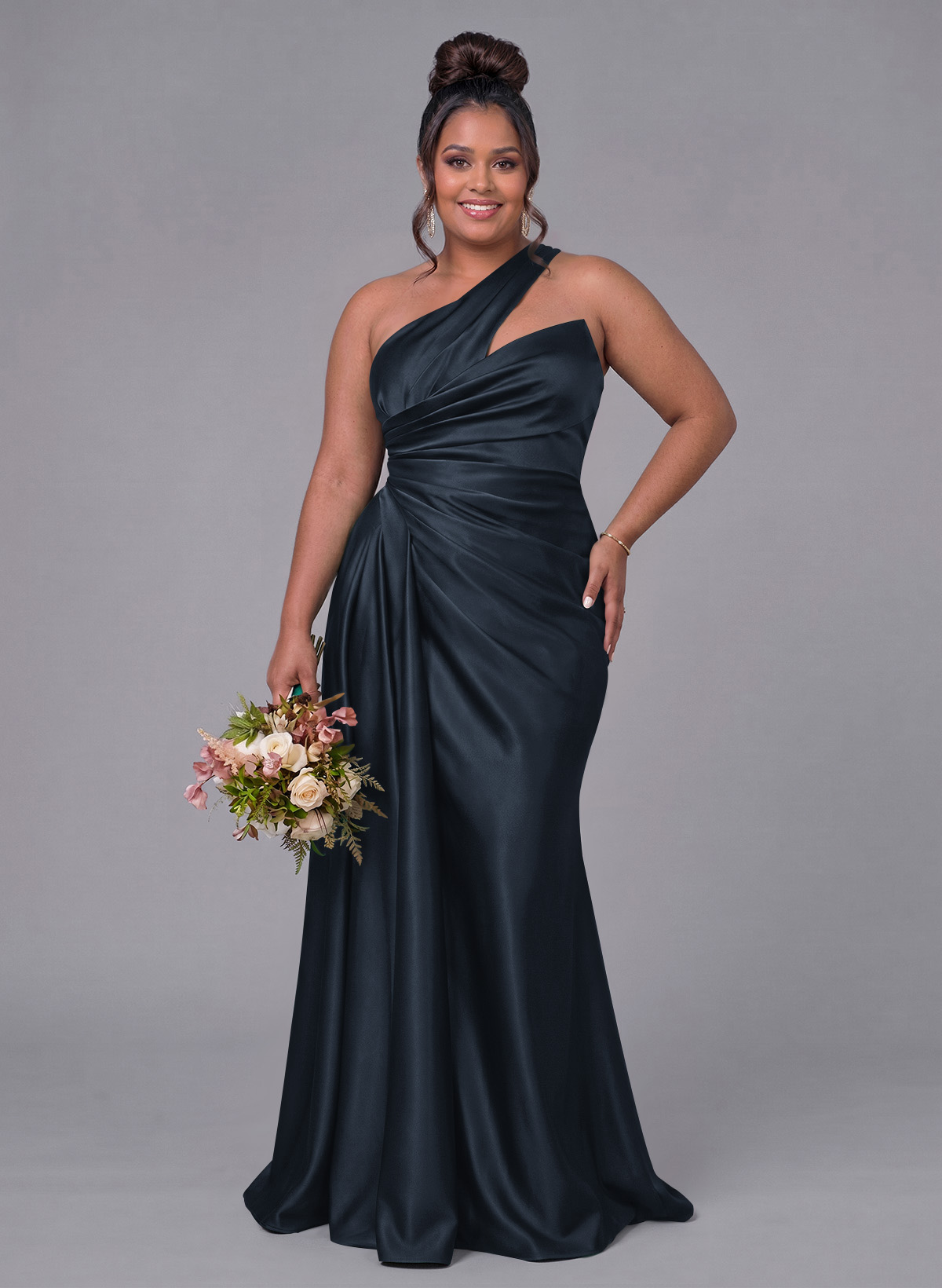 Sheath/Column One-Shoulder Silk Like Satin Bridesmaid Dresses With Ruffle, product image 260