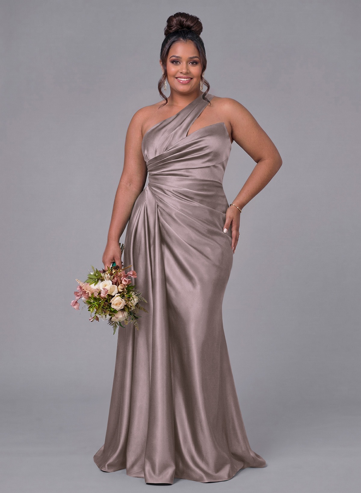 Sheath/Column One-Shoulder Silk Like Satin Bridesmaid Dresses With Ruffle, product image 286