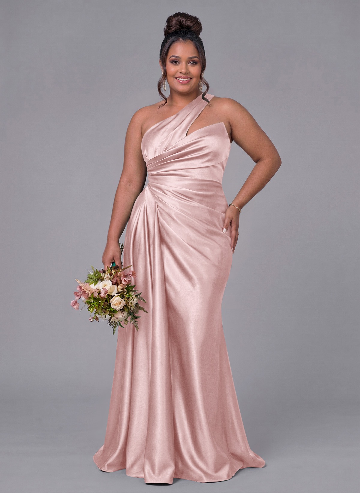 Sheath/Column One-Shoulder Silk Like Satin Bridesmaid Dresses With Ruffle, product image 258