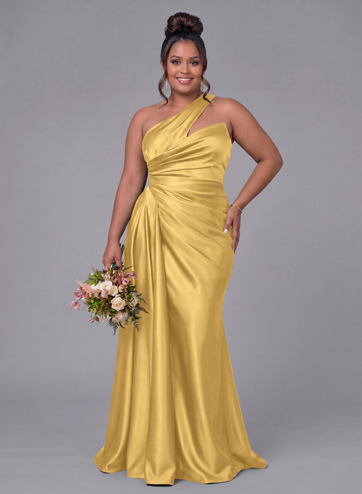 Sheath/Column One-Shoulder Silk Like Satin Bridesmaid Dresses With Ruffle, product image 324