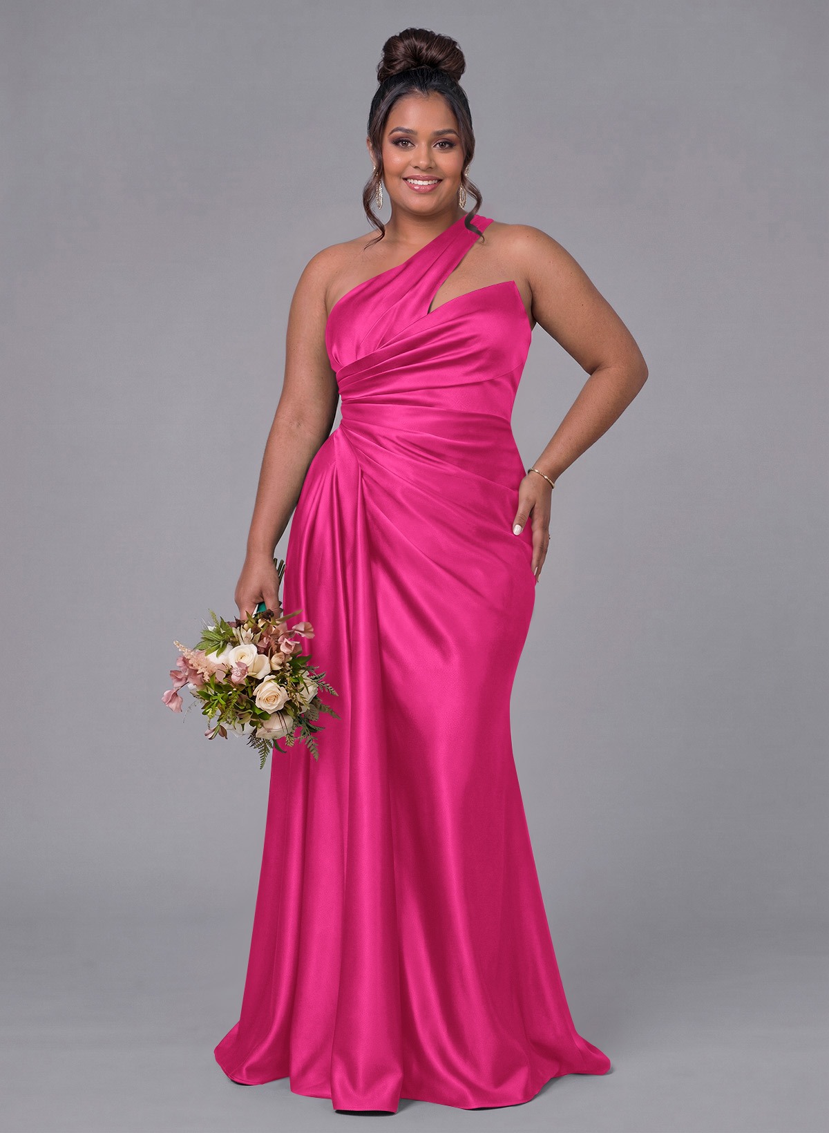 Sheath/Column One-Shoulder Silk Like Satin Bridesmaid Dresses With Ruffle, product image 344