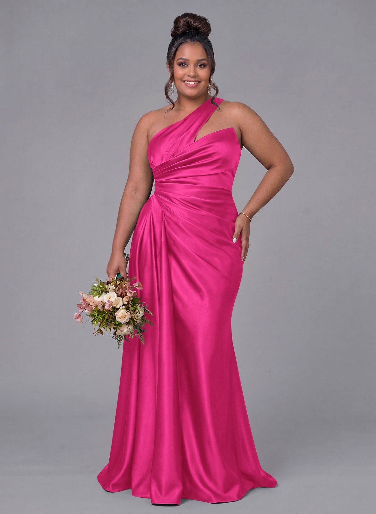 Sheath/Column One-Shoulder Silk Like Satin Bridesmaid Dresses With Ruffle, product image 344