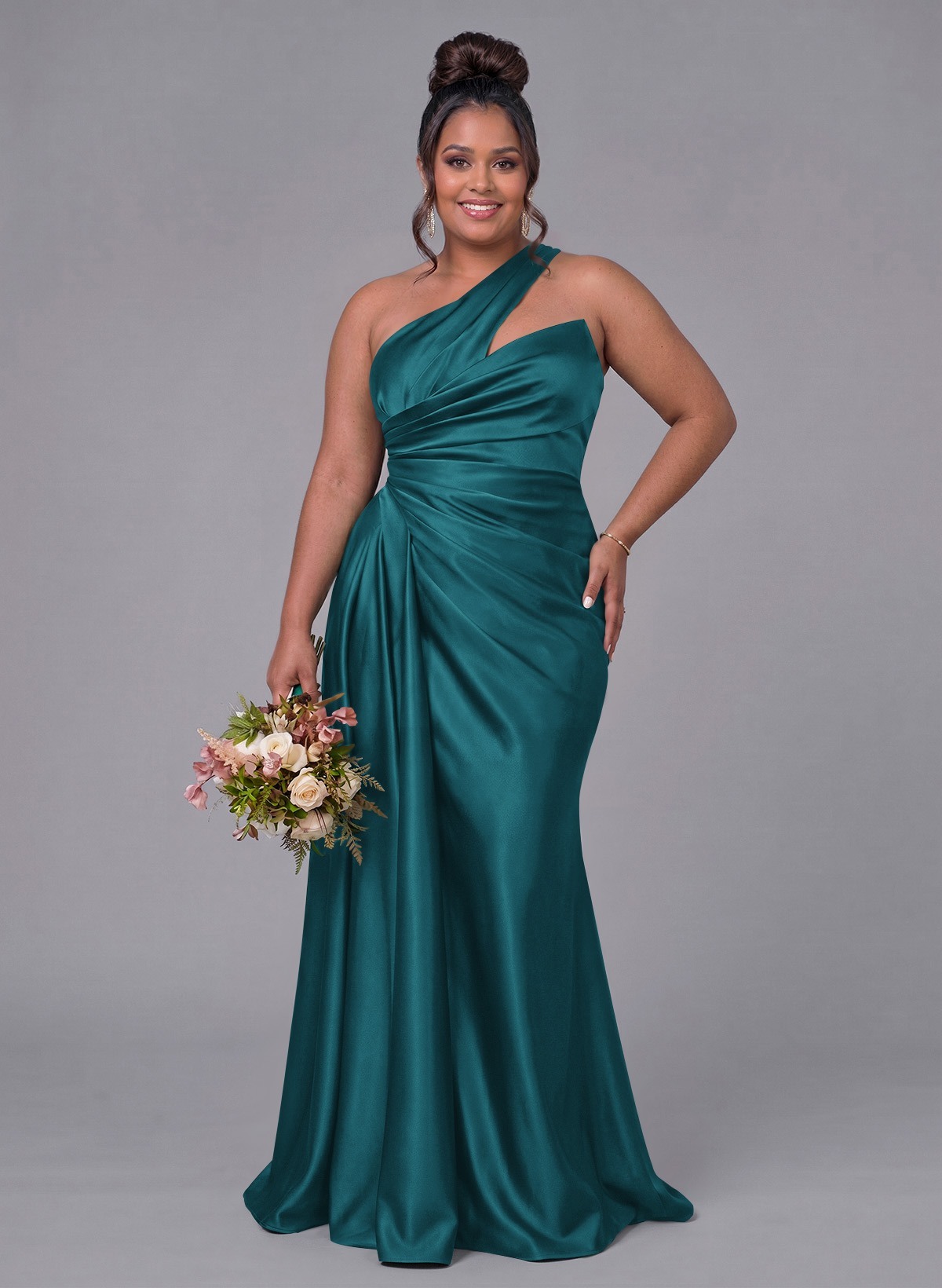 Sheath/Column One-Shoulder Silk Like Satin Bridesmaid Dresses With Ruffle, product image 300