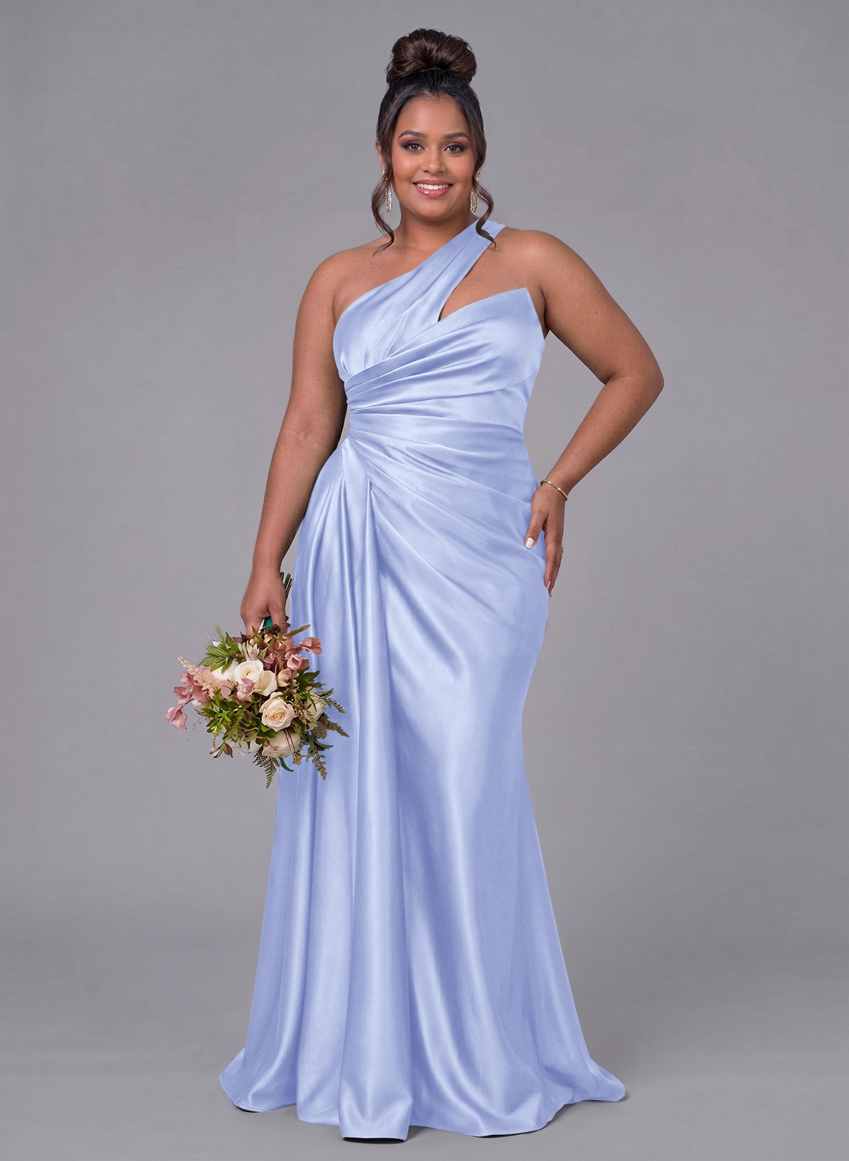 Sheath/Column One-Shoulder Silk Like Satin Bridesmaid Dresses With Ruffle, product image 334