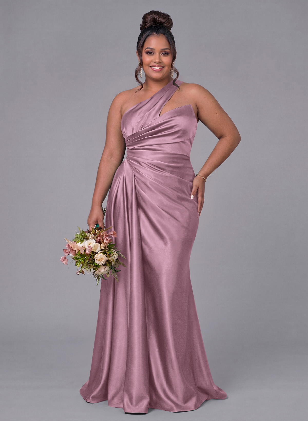 Sheath/Column One-Shoulder Silk Like Satin Bridesmaid Dresses With Ruffle, product image 316