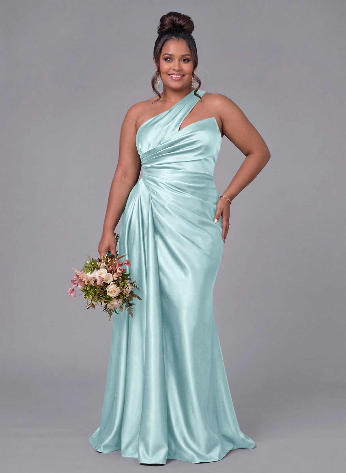 Sheath/Column One-Shoulder Silk Like Satin Bridesmaid Dresses With Ruffle, product image 328