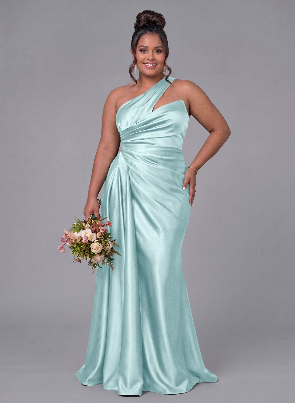 Sheath/Column One-Shoulder Silk Like Satin Bridesmaid Dresses With Ruffle, product image 328
